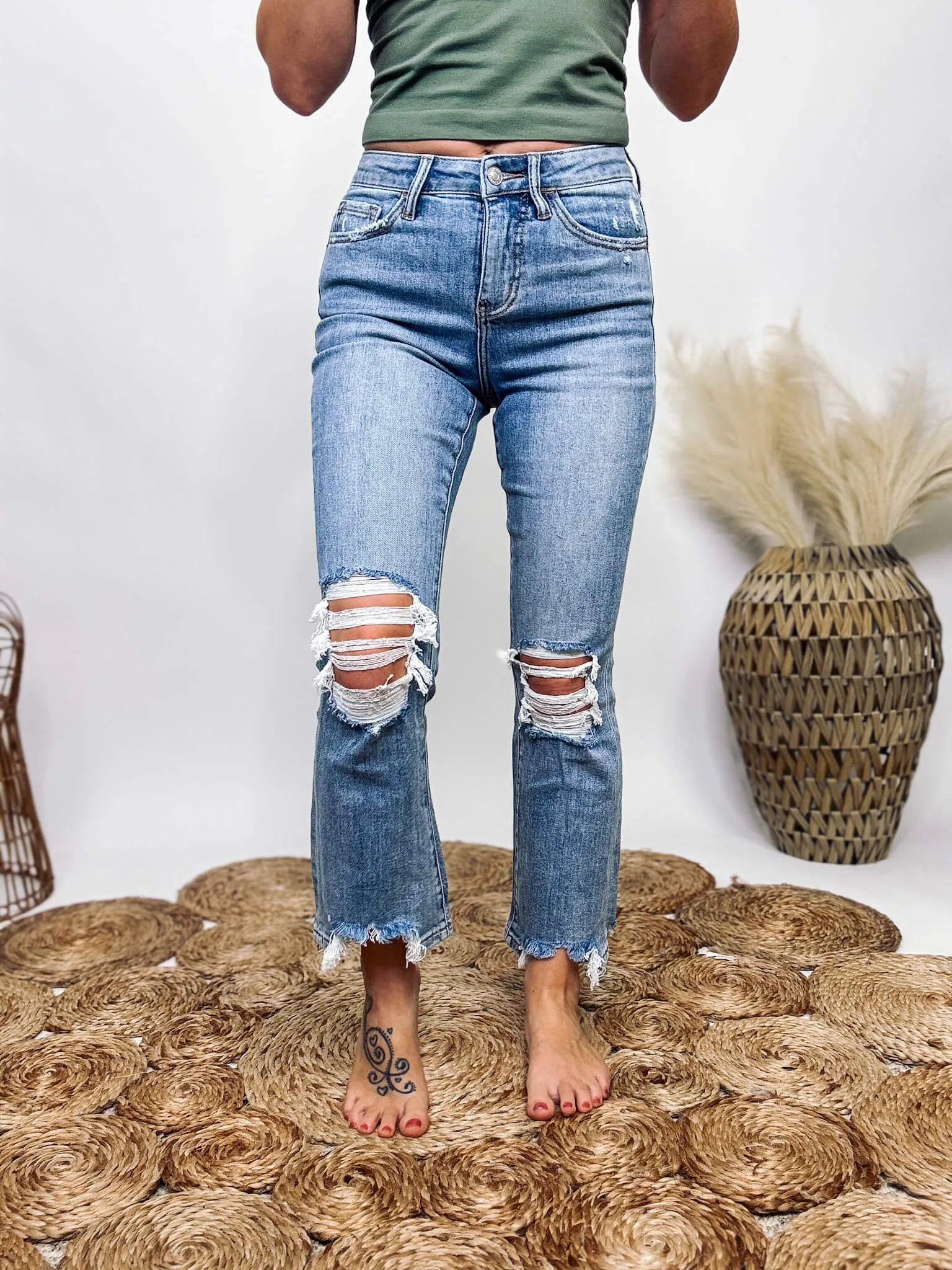 Light Wash Kick Flare Comfort Stretch Distressed Jeans