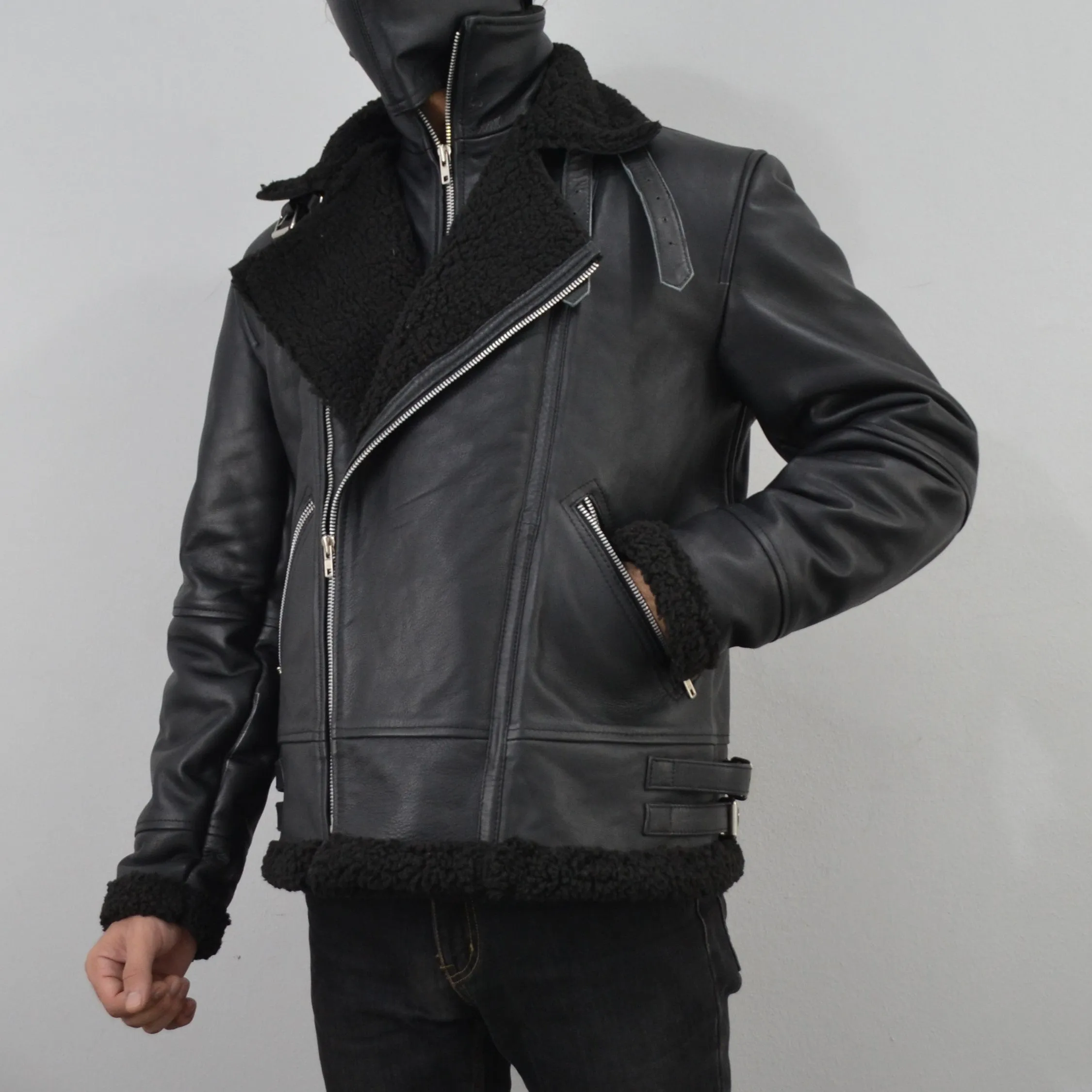 Men's Black Fur Collar Motorcycle Bomber Biker Genuine Leather Jacket