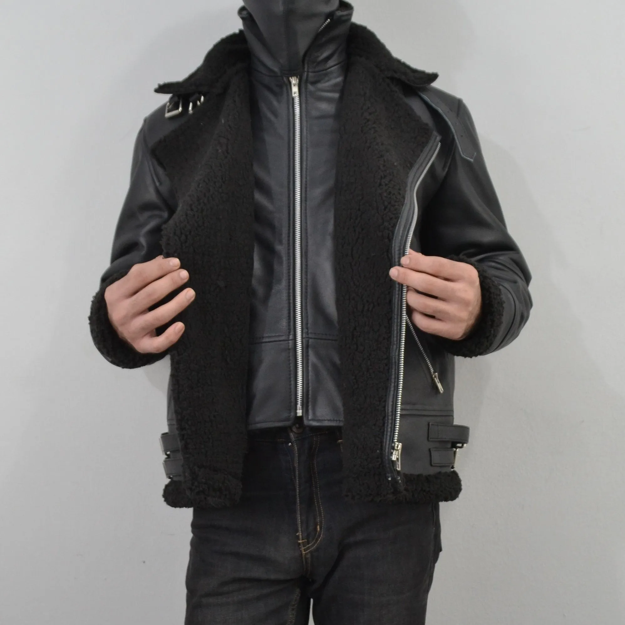 Men's Black Fur Collar Motorcycle Bomber Biker Genuine Leather Jacket