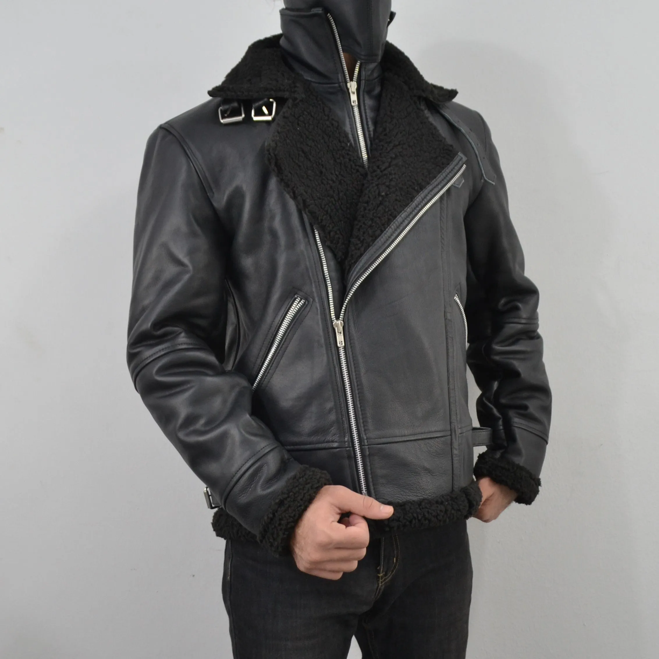 Men's Black Fur Collar Motorcycle Bomber Biker Genuine Leather Jacket