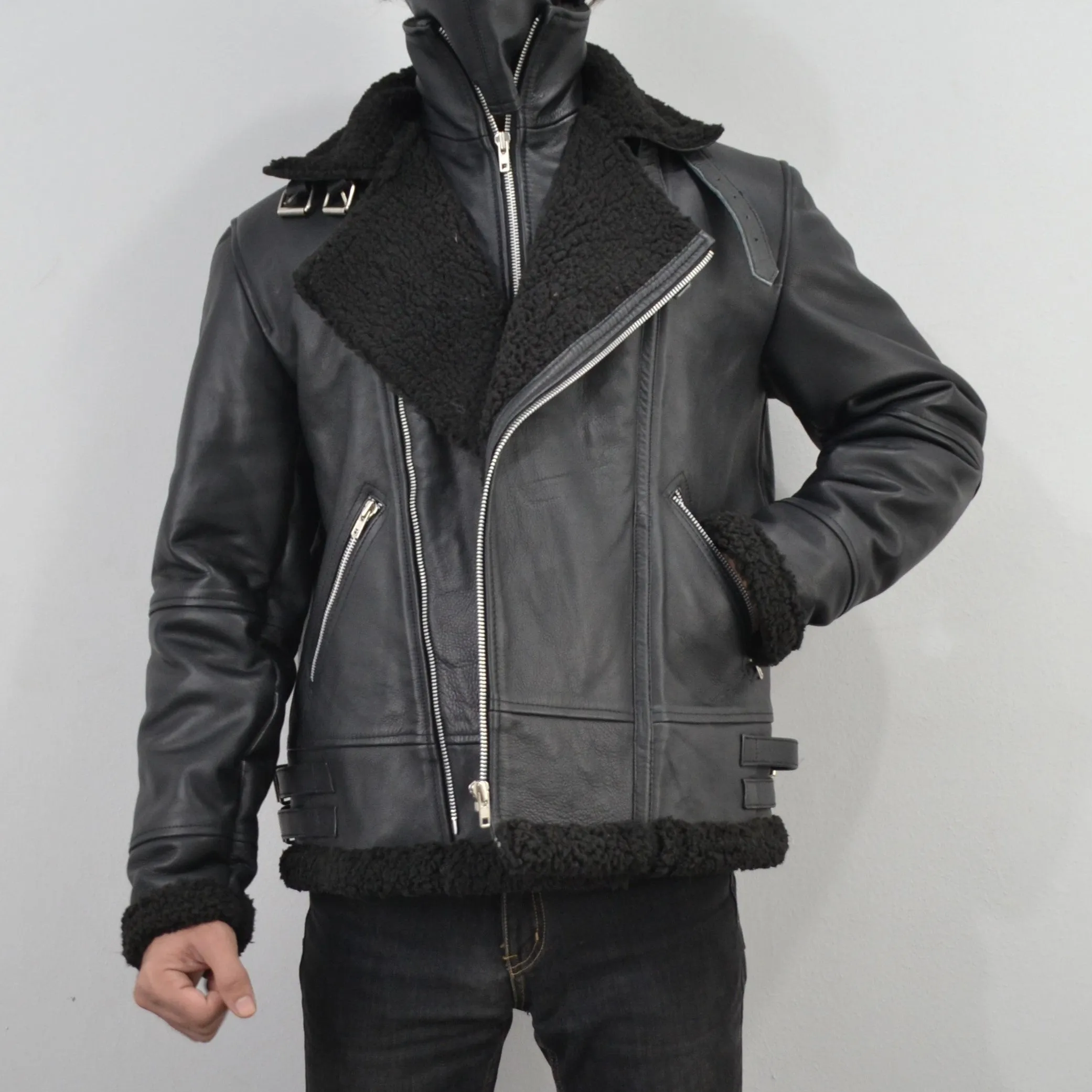 Men's Black Fur Collar Motorcycle Bomber Biker Genuine Leather Jacket