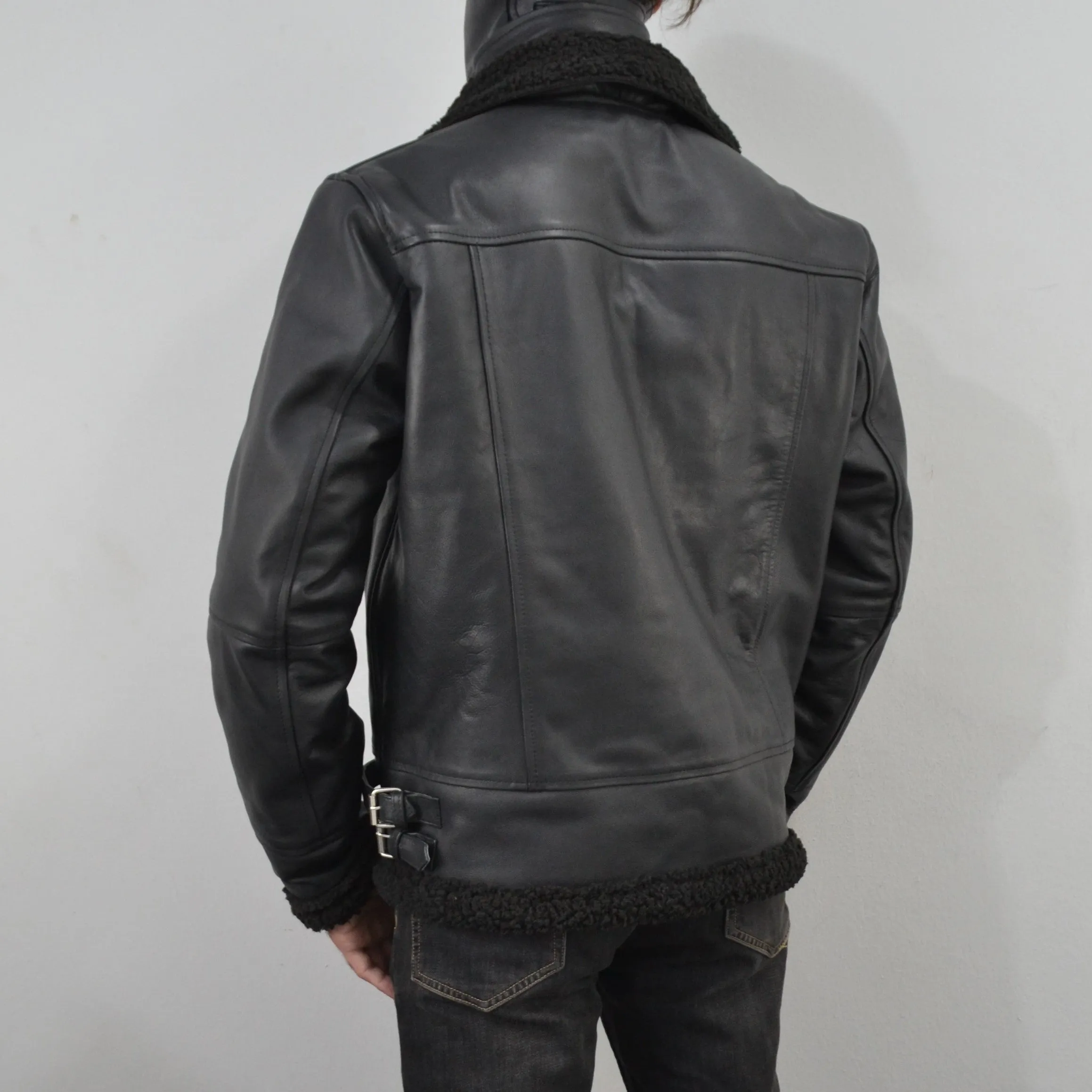 Men's Black Fur Collar Motorcycle Bomber Biker Genuine Leather Jacket