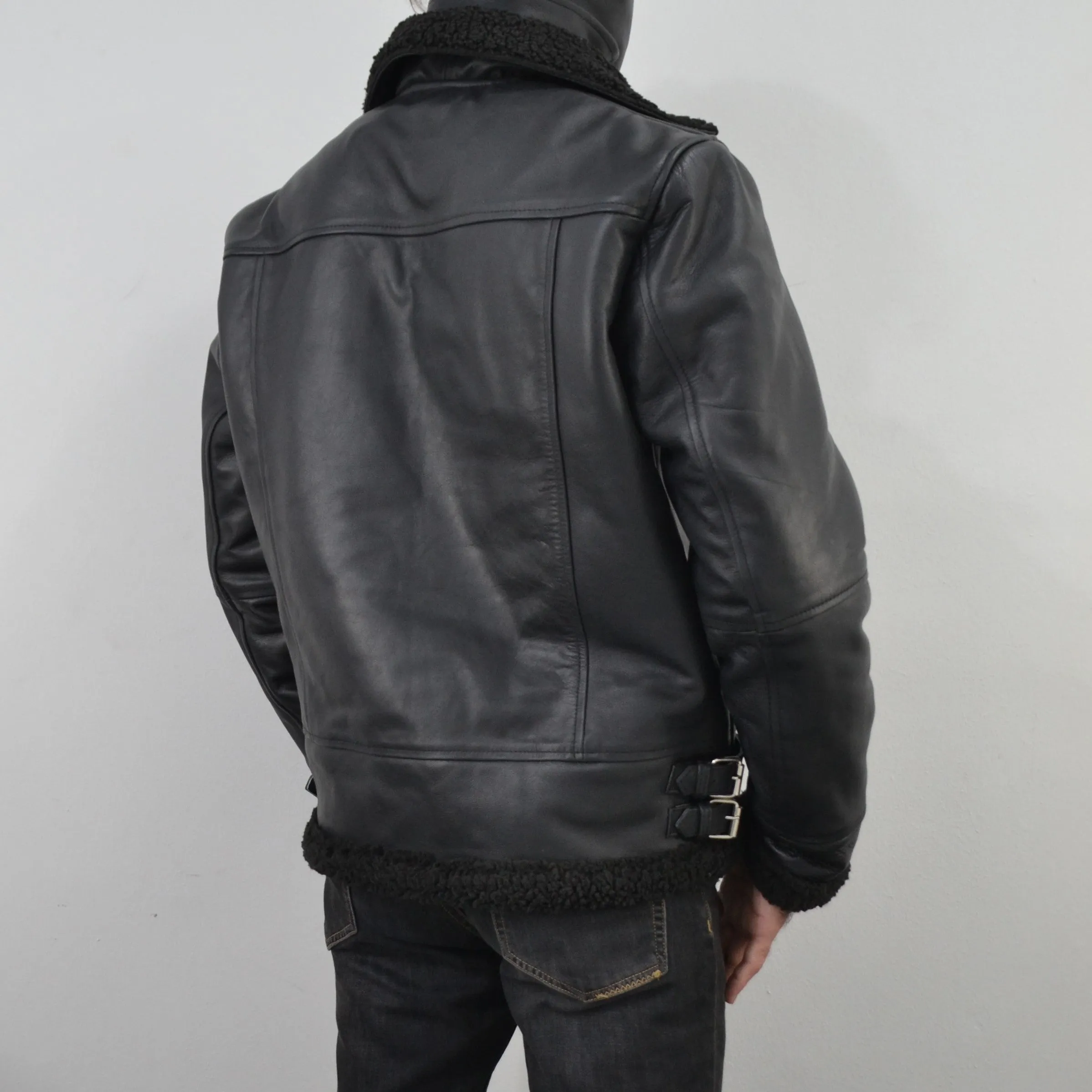 Men's Black Fur Collar Motorcycle Bomber Biker Genuine Leather Jacket