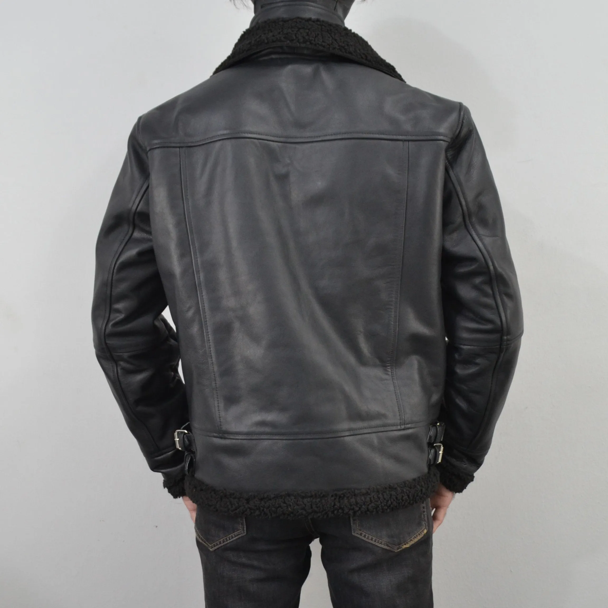 Men's Black Fur Collar Motorcycle Bomber Biker Genuine Leather Jacket