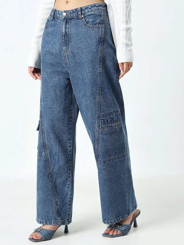 Nuon Blue Faded Relaxed-Fit High-Rise Cargo-Style Jeans