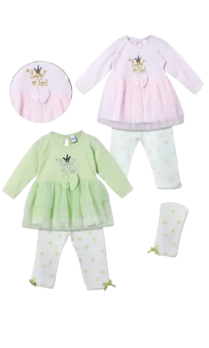 Pink and Green Ruffled Tops with Pants Ensembled with Bow