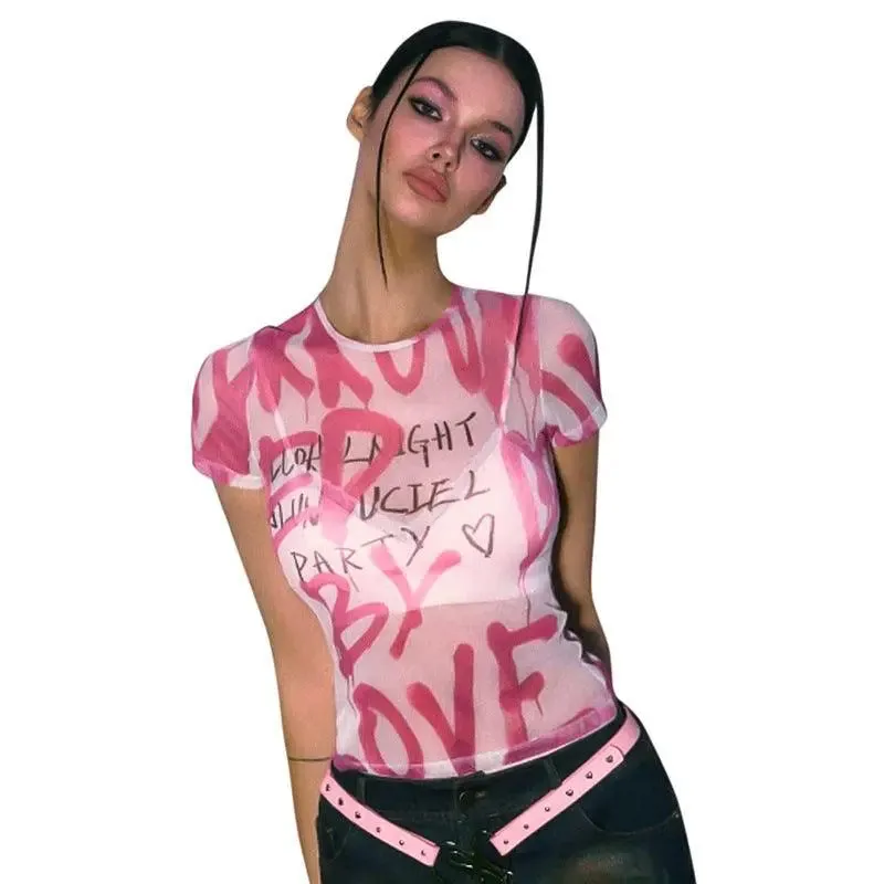 Pink Graffiti Print Mesh Top