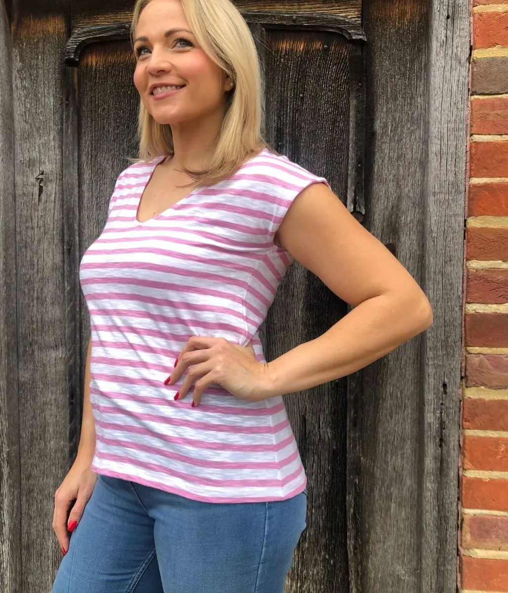 Pink Striped Cotton V Neck Top 6 8