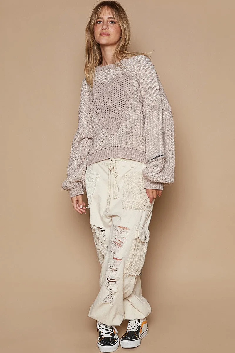 POL Knitted Sweater with Heart Patch Front in Latte