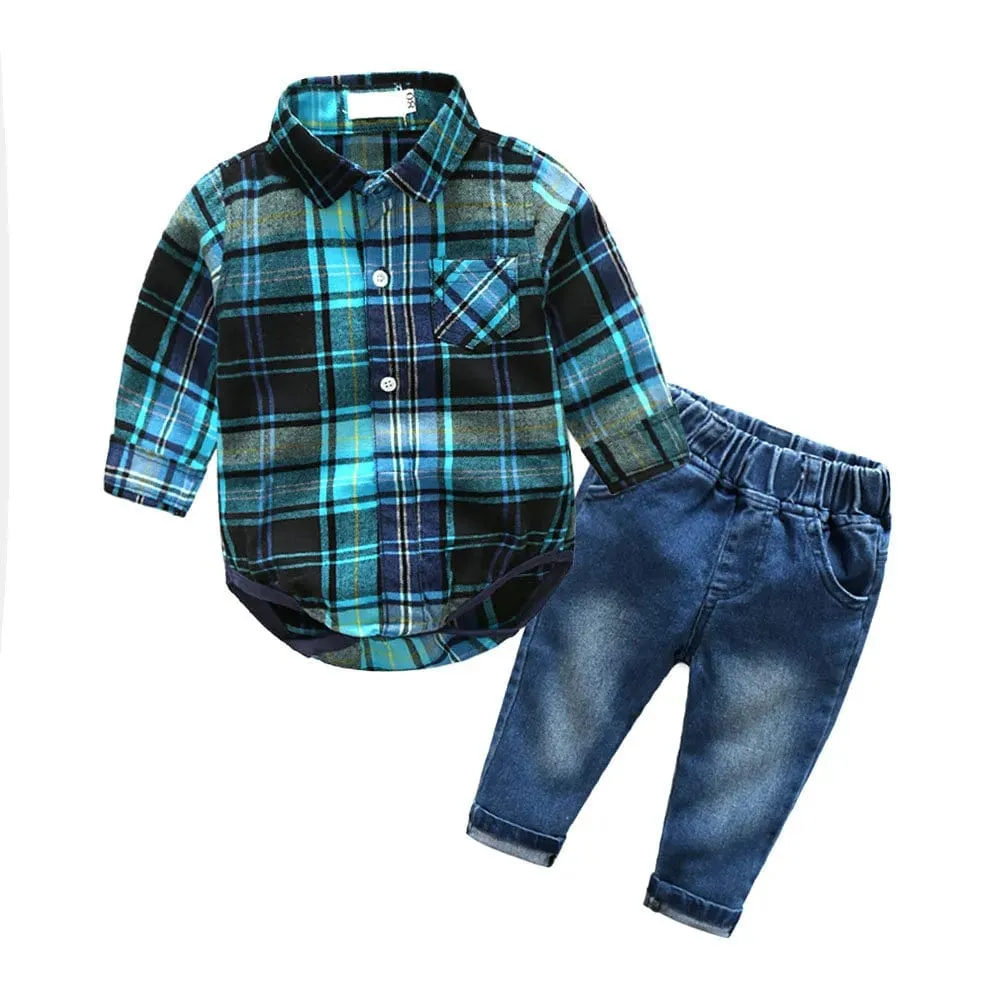 "Heath" Boy's Plaid Shirt And Jeans Set