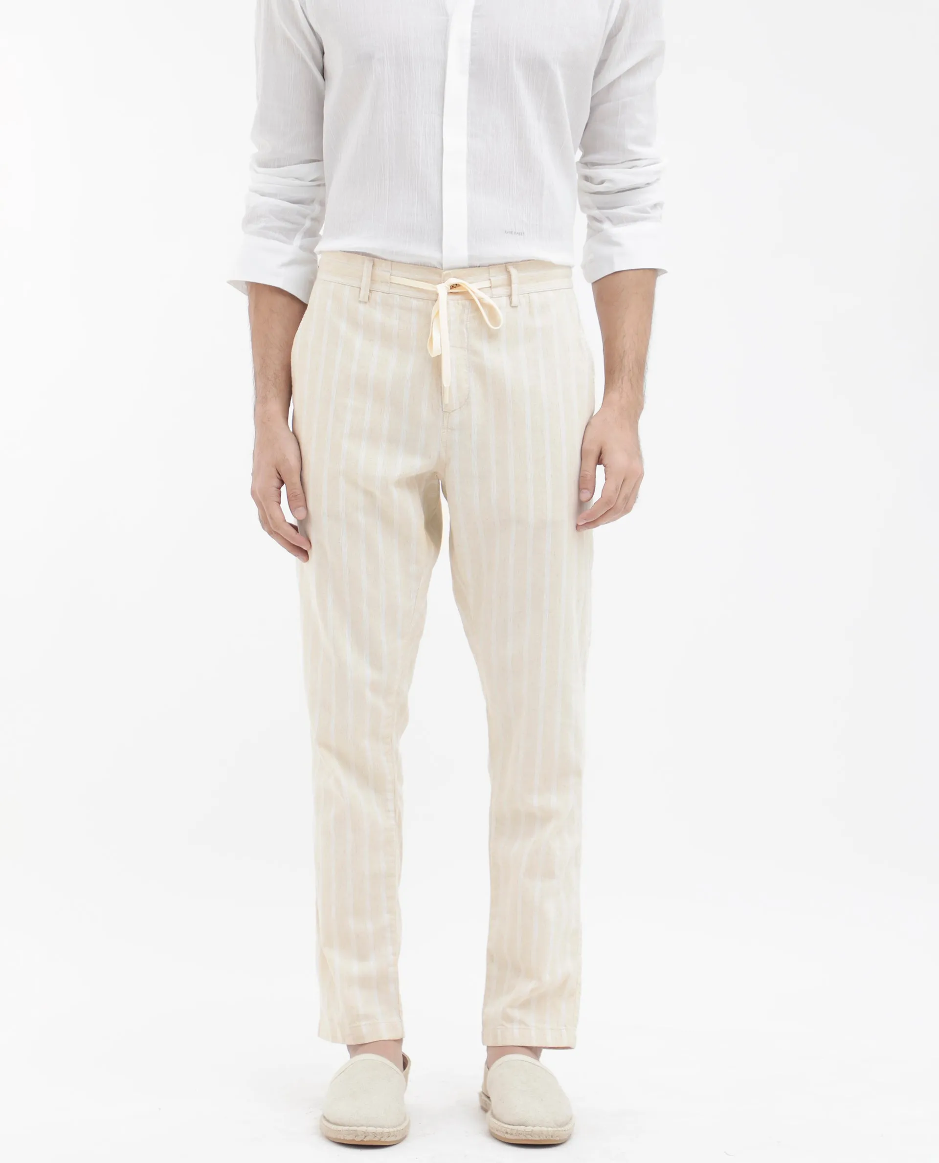 Rare Rabbit Men's Dano Beige Cotton Linen Stripes Trousers