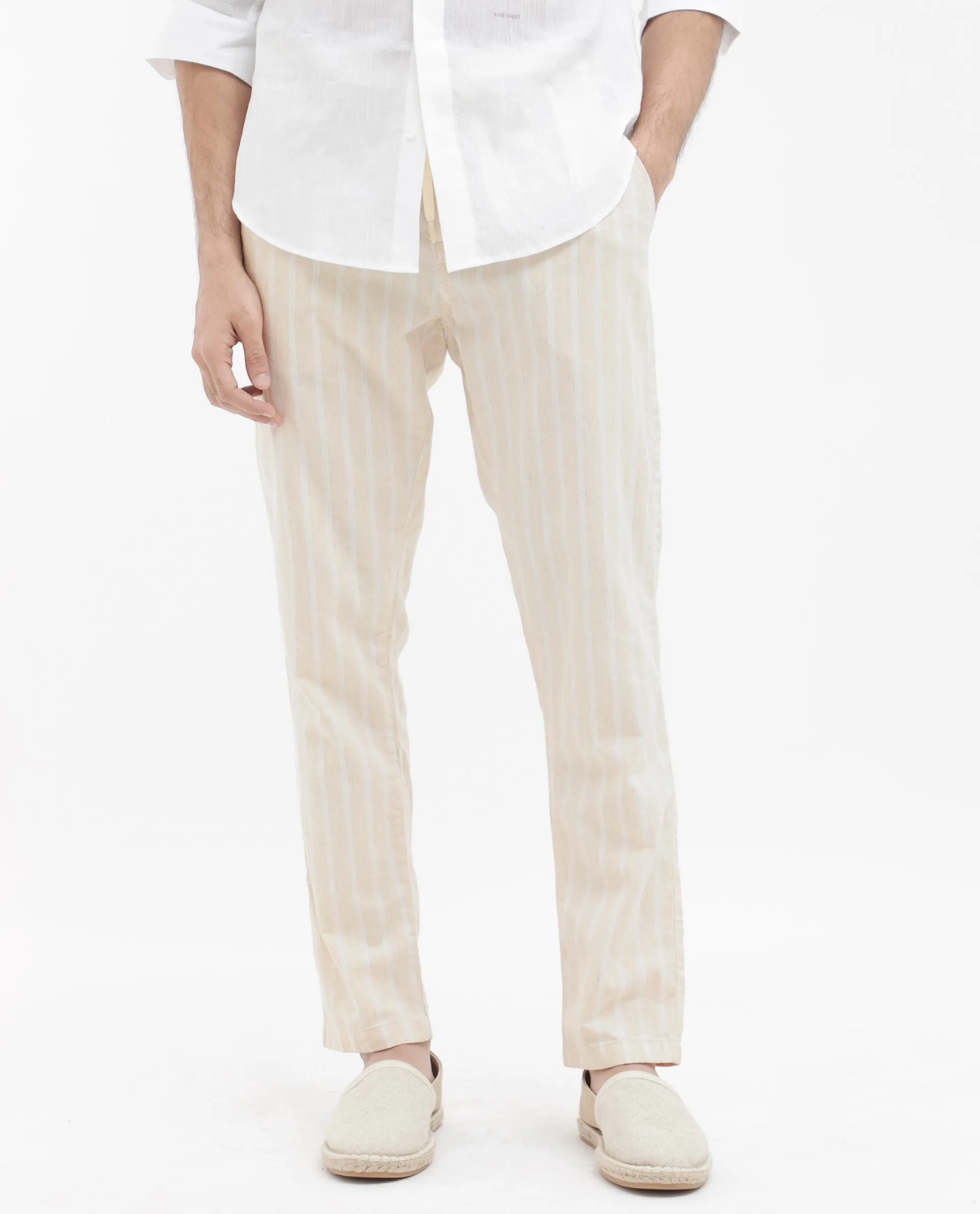 Rare Rabbit Men's Dano Beige Cotton Linen Stripes Trousers