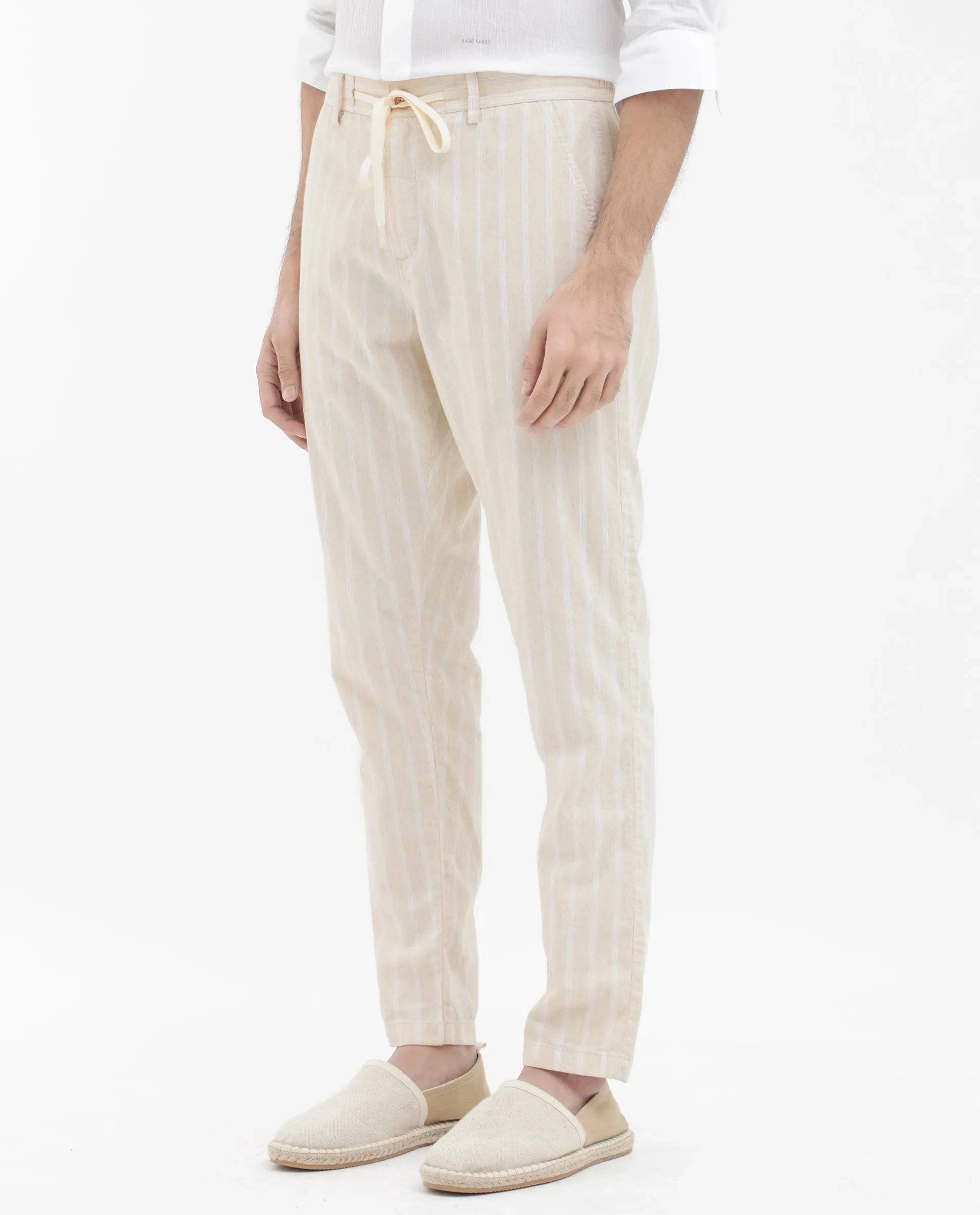 Rare Rabbit Men's Dano Beige Cotton Linen Stripes Trousers