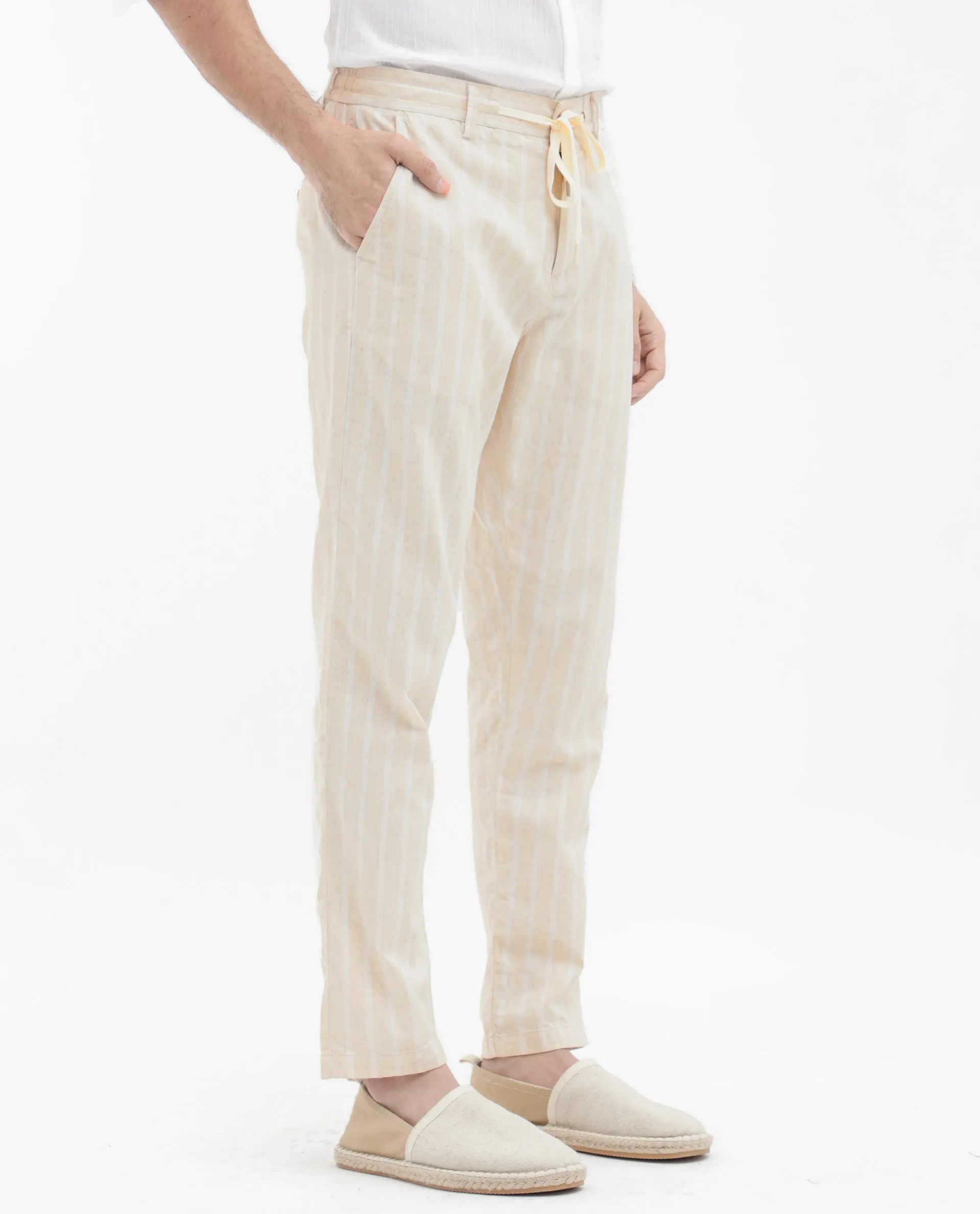 Rare Rabbit Men's Dano Beige Cotton Linen Stripes Trousers