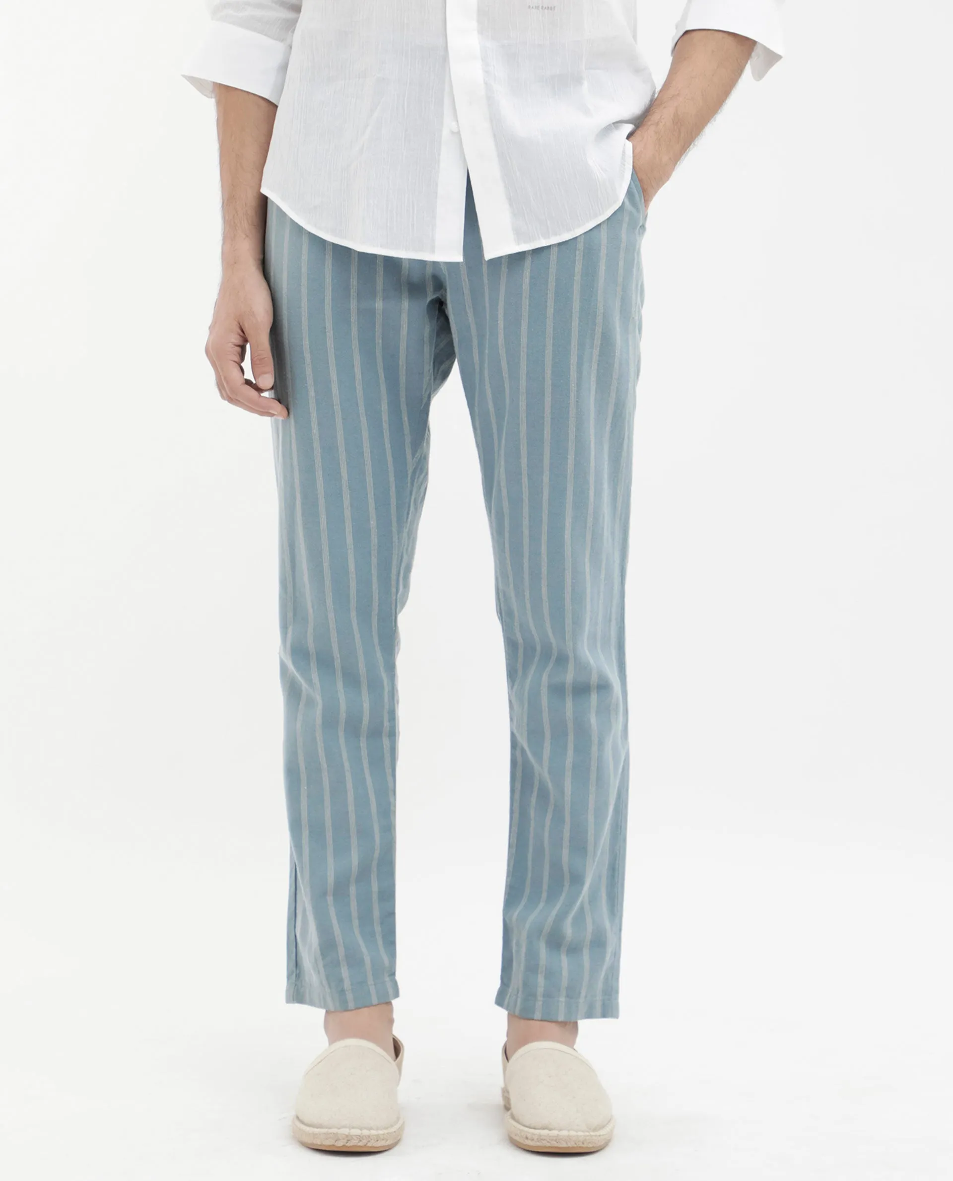 Rare Rabbit Men's Dano Light Blue Cotton Linen Stripes Trousers