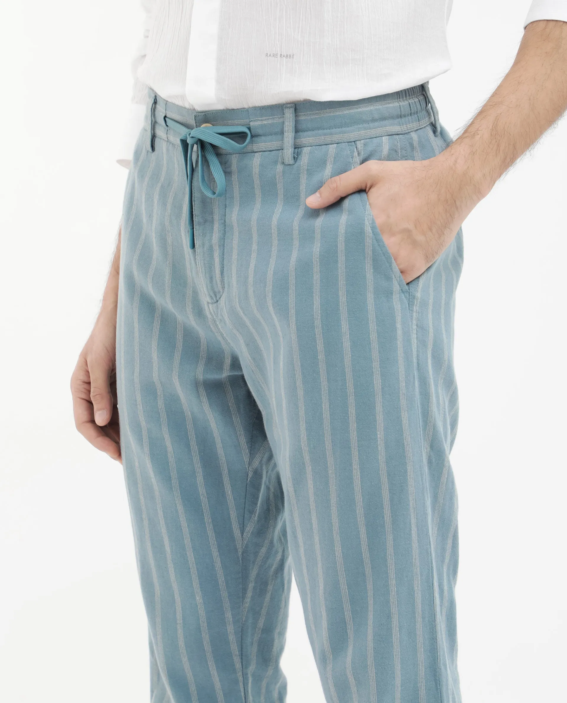 Rare Rabbit Men's Dano Light Blue Cotton Linen Stripes Trousers