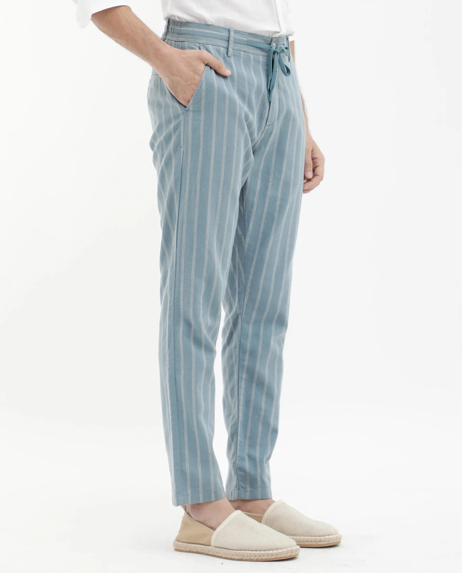 Rare Rabbit Men's Dano Light Blue Cotton Linen Stripes Trousers