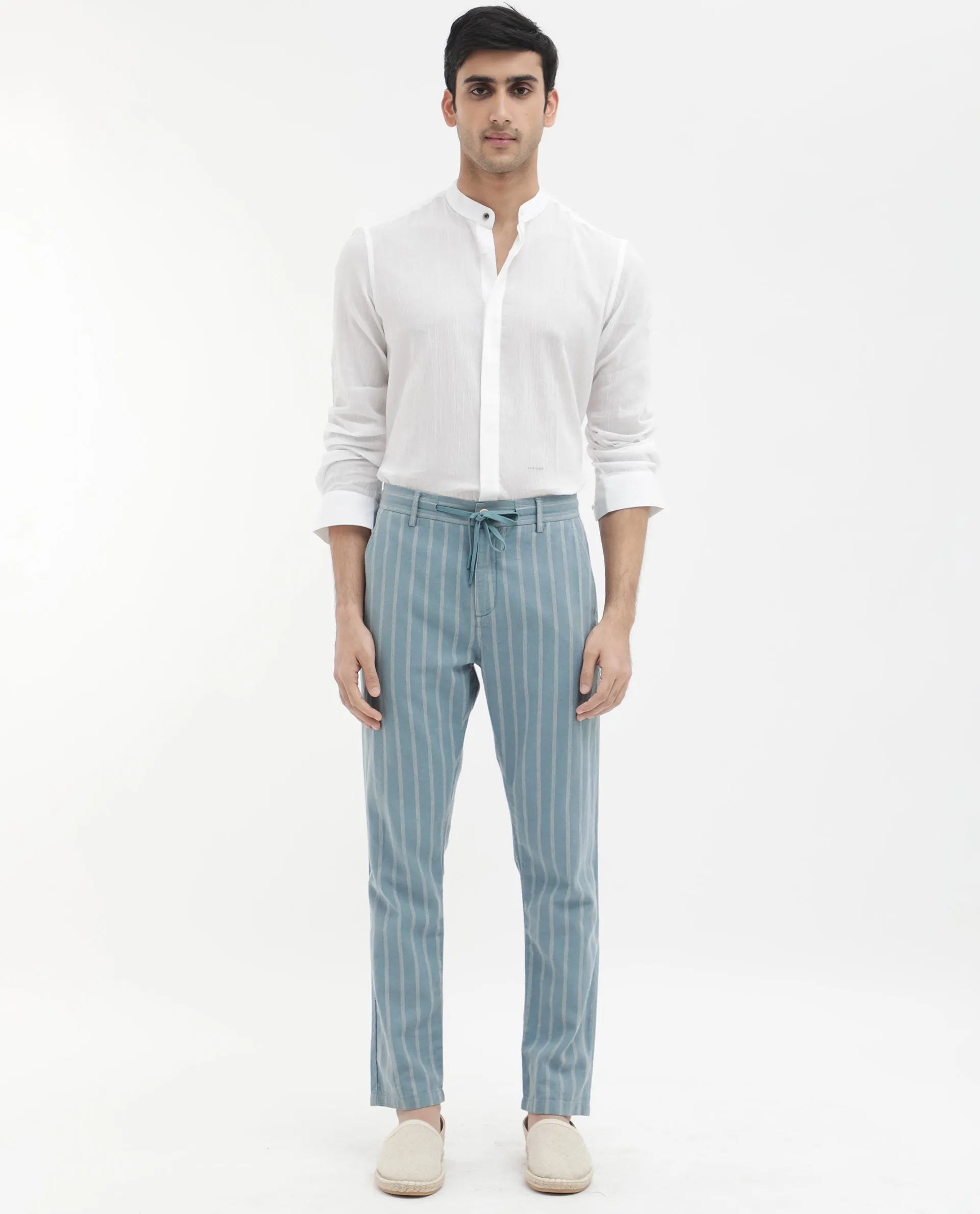 Rare Rabbit Men's Dano Light Blue Cotton Linen Stripes Trousers