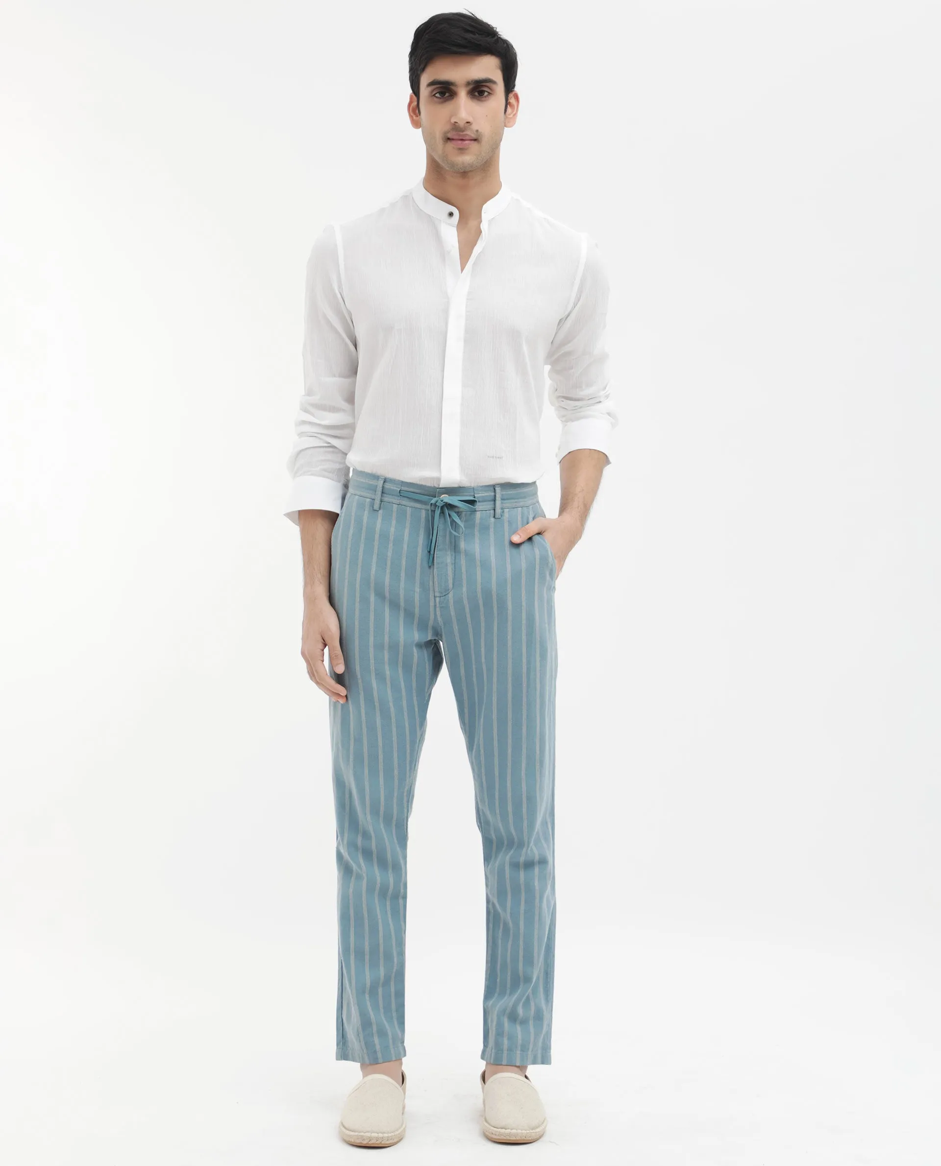 Rare Rabbit Men's Dano Light Blue Cotton Linen Stripes Trousers