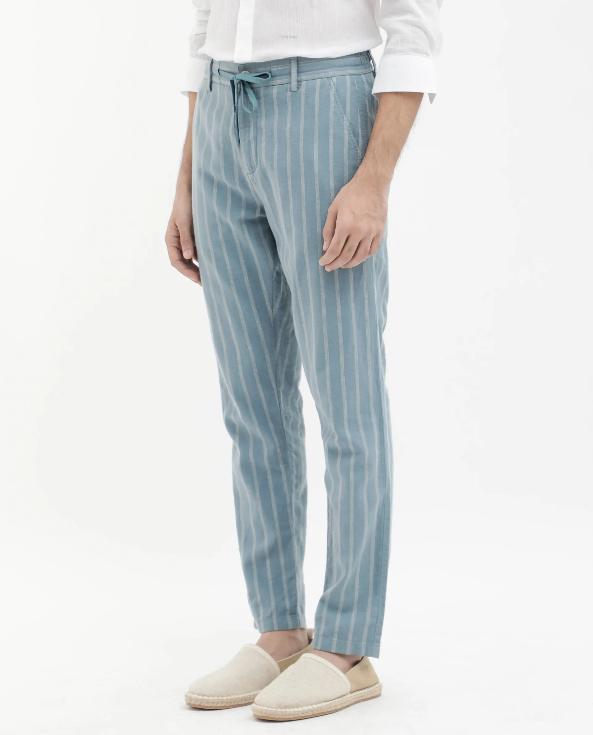 Rare Rabbit Men's Dano Light Blue Cotton Linen Stripes Trousers