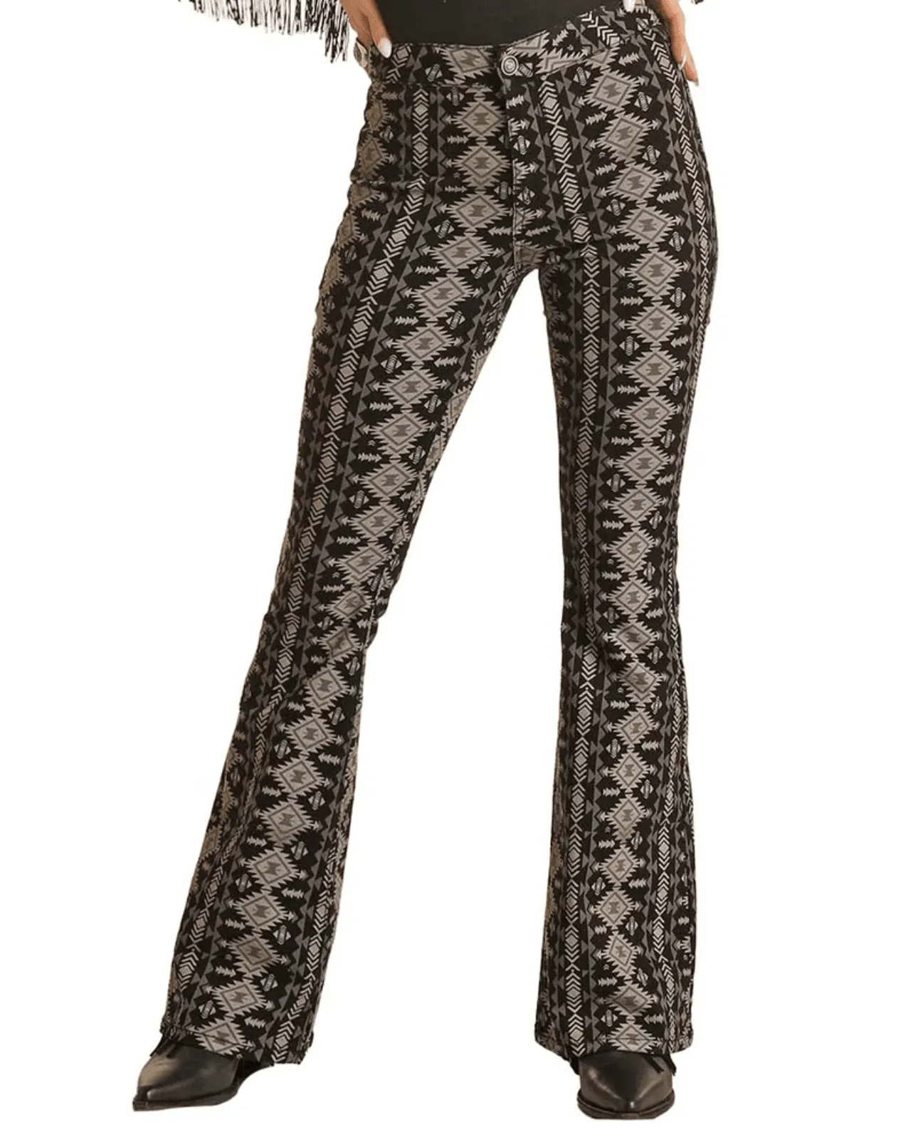 Rock & Roll Cowgirl Women's Grey Aztec Bell Bottom Flare Jeans BW6PD02228