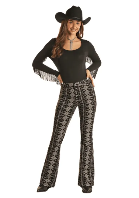 Rock & Roll Cowgirl Women's Grey Aztec Bell Bottom Flare Jeans BW6PD02228