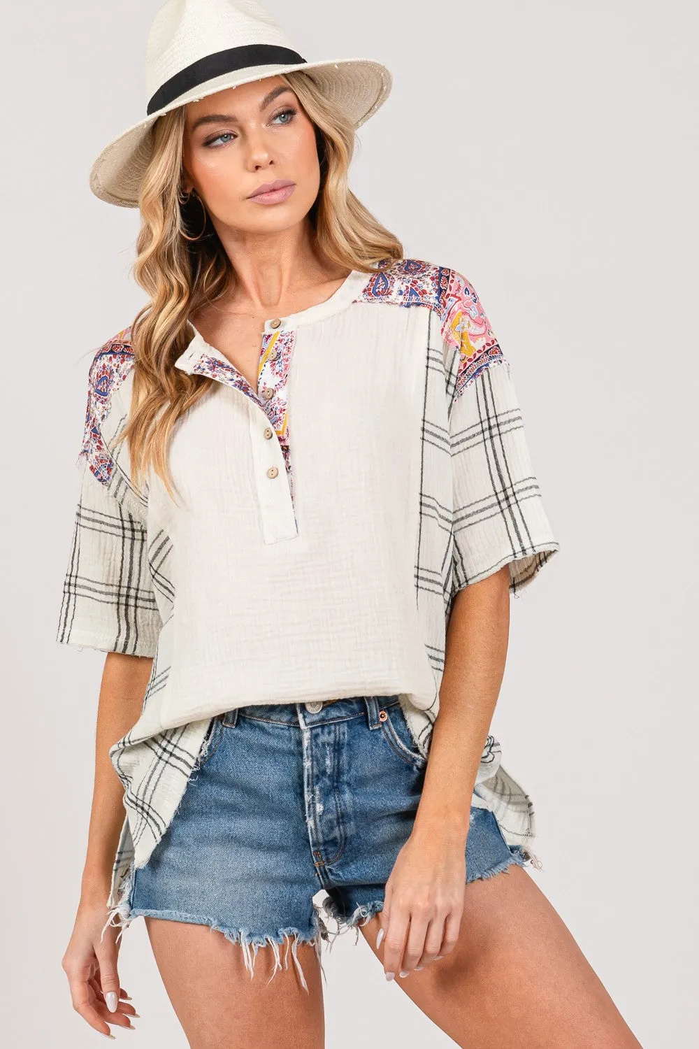 SAGE   FIG Plaid Half Button Gauze Top