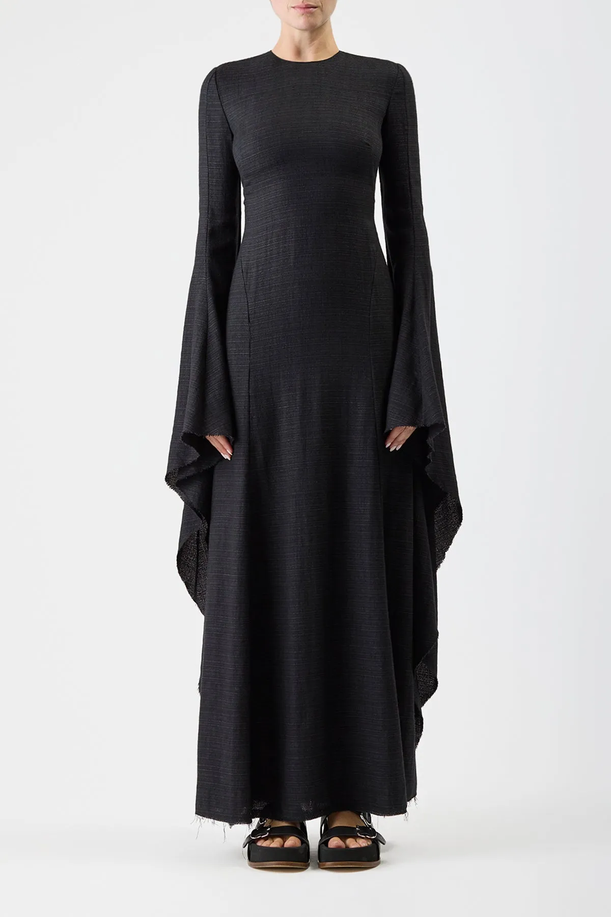 Sigrud Draped Maxi Dress in Black Wool Silk Gauze