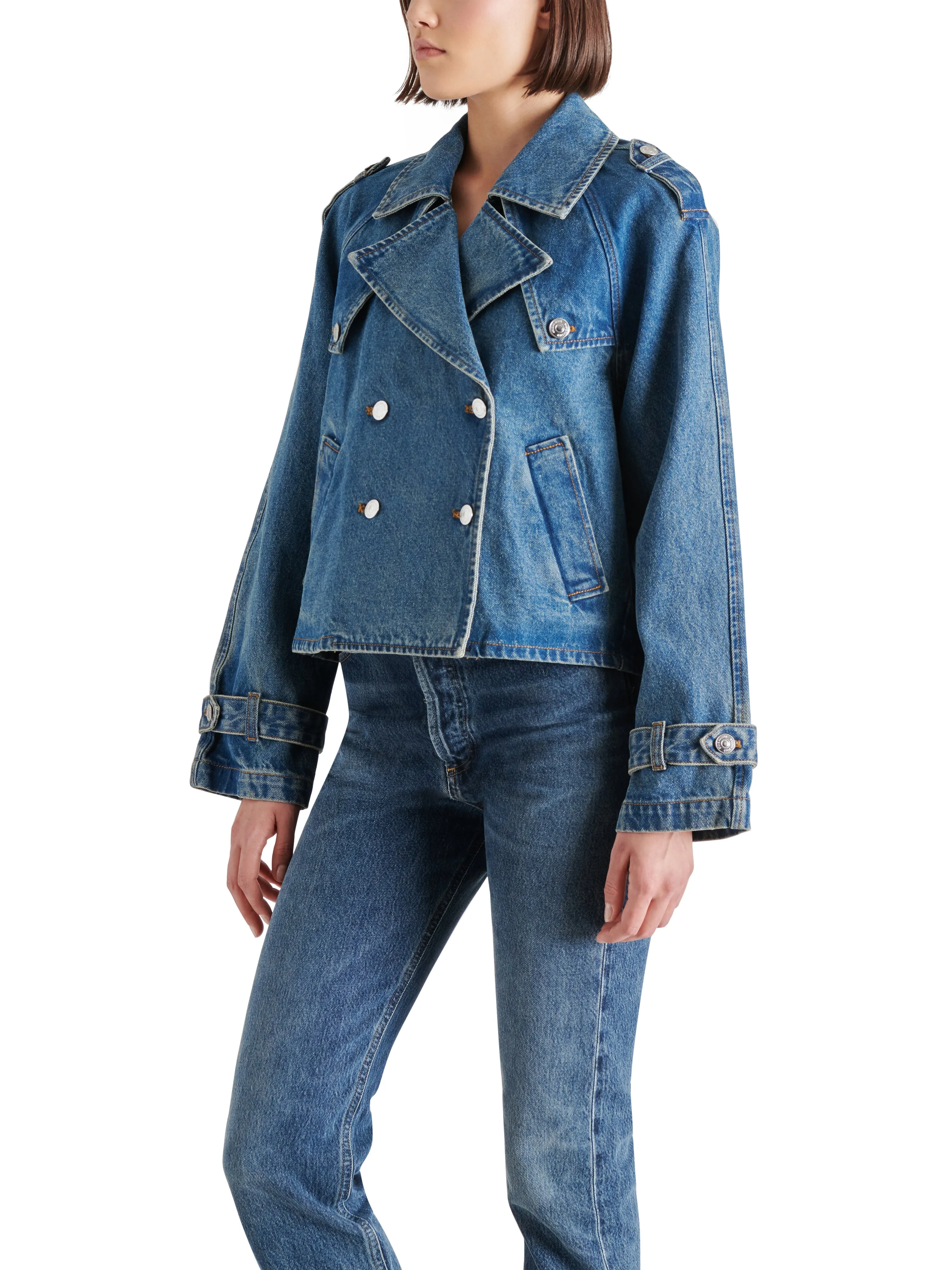 Sirus Cropped Trench Coat Jacket, Blue Denim | Steve Madden