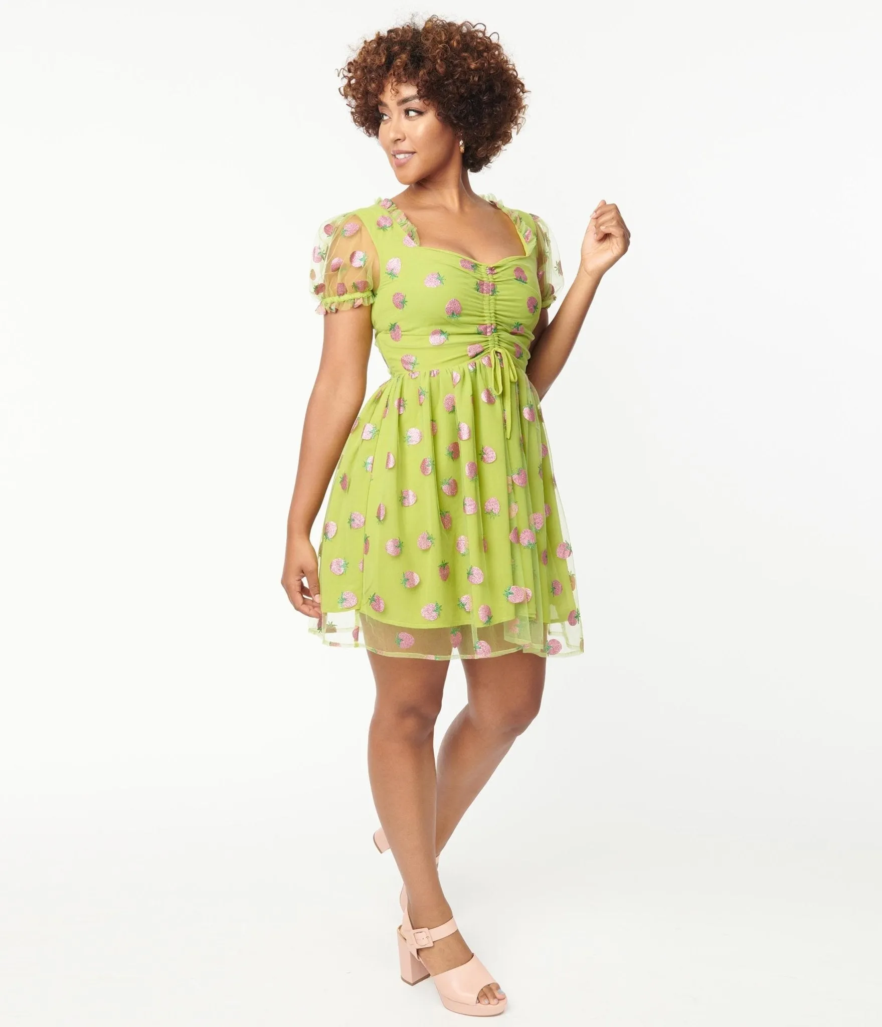 Smak Parlour Avocado & Pink Strawberry Print Woodstock Flare Dress