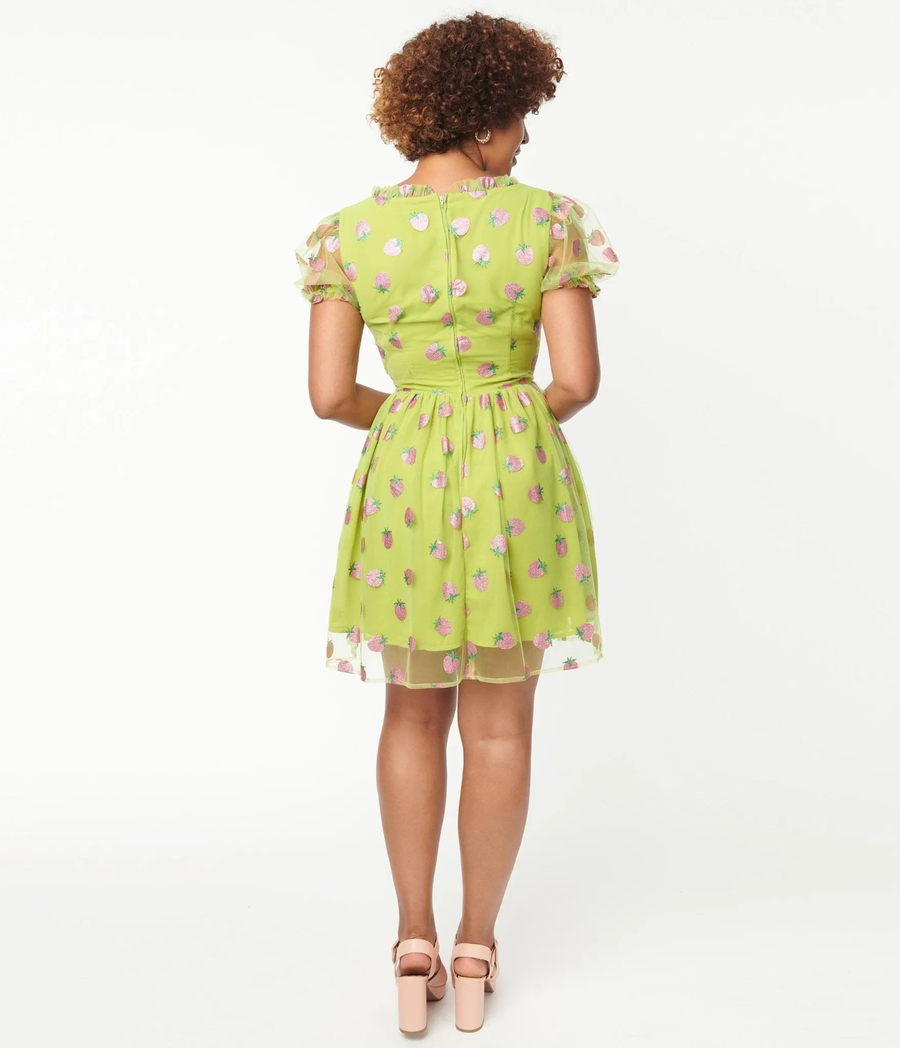 Smak Parlour Avocado & Pink Strawberry Print Woodstock Flare Dress