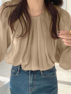 Solid Ruched Puff Sleeve Round Neck Keyhole Back Blouse