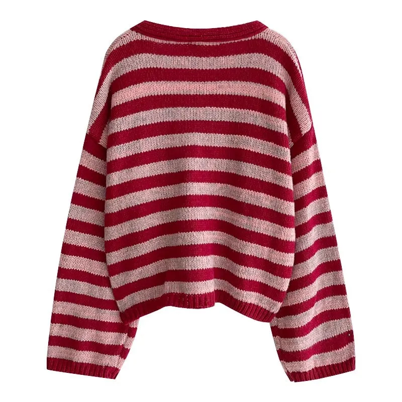 Sweet V-neck striped sweater coat long-sleeved knitted cardigan   S4769