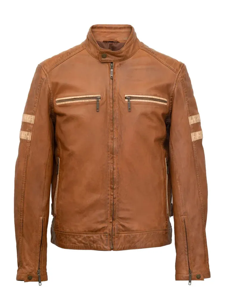 Tan Brown Stripes Biker Leather Jacket