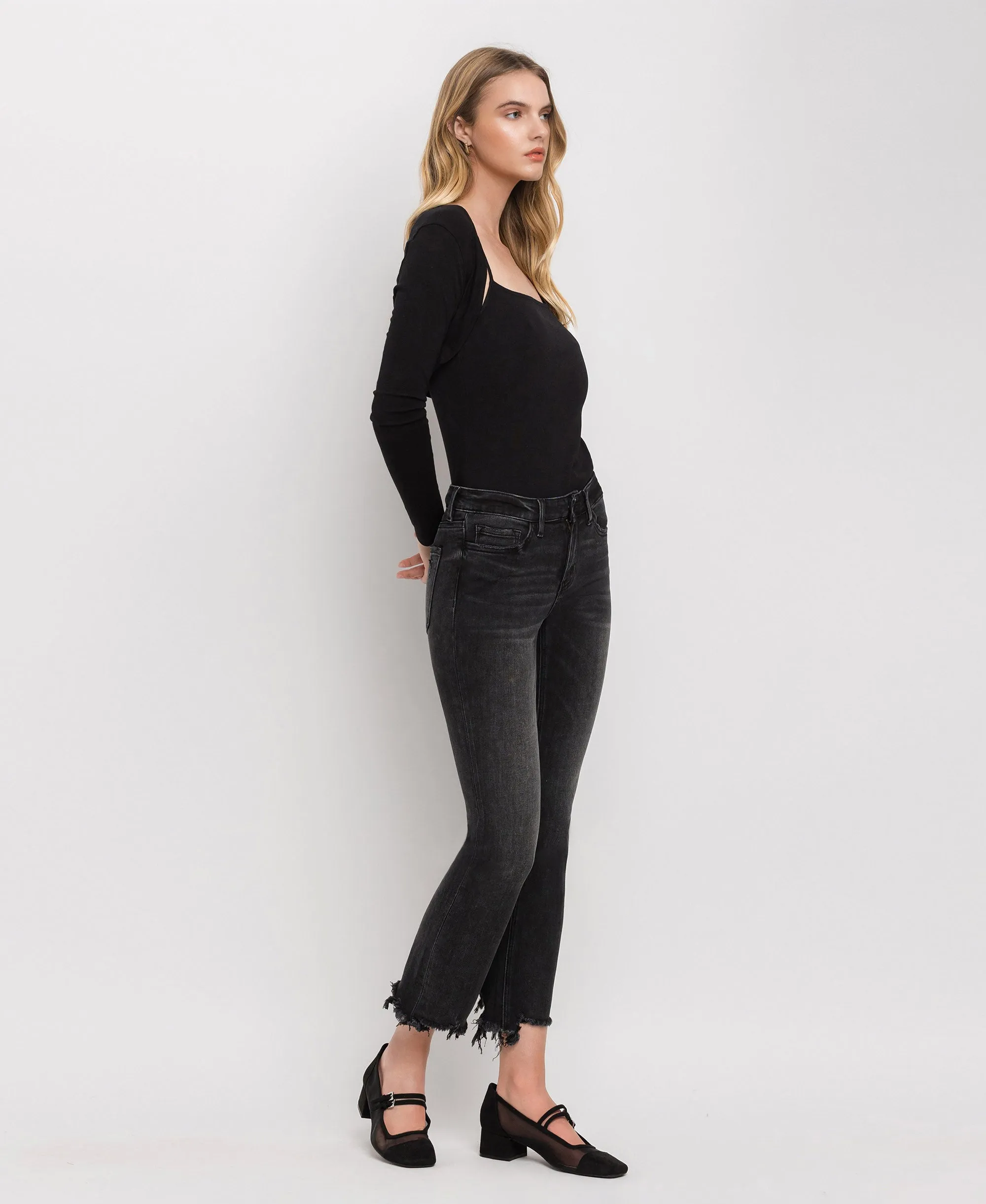 Trial Thing - Mid Rise Distressed Hem Crop Flare Jeans