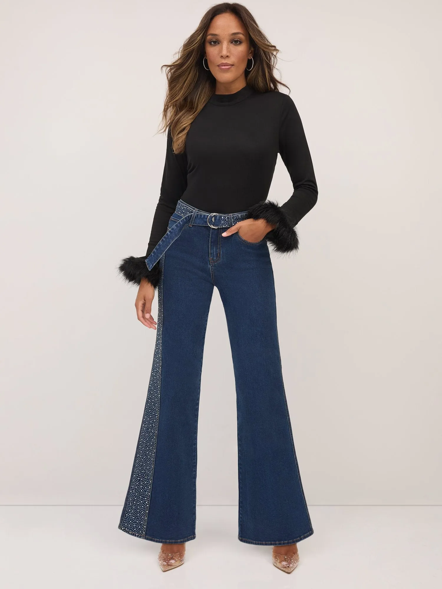 Ultra High-Waisted Rhinestone-Embellished Side-Stripe Wide-Leg Jeans - Medium Wash