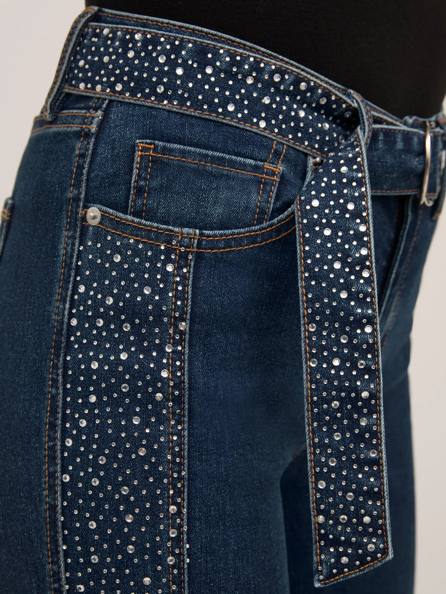 Ultra High-Waisted Rhinestone-Embellished Side-Stripe Wide-Leg Jeans - Medium Wash