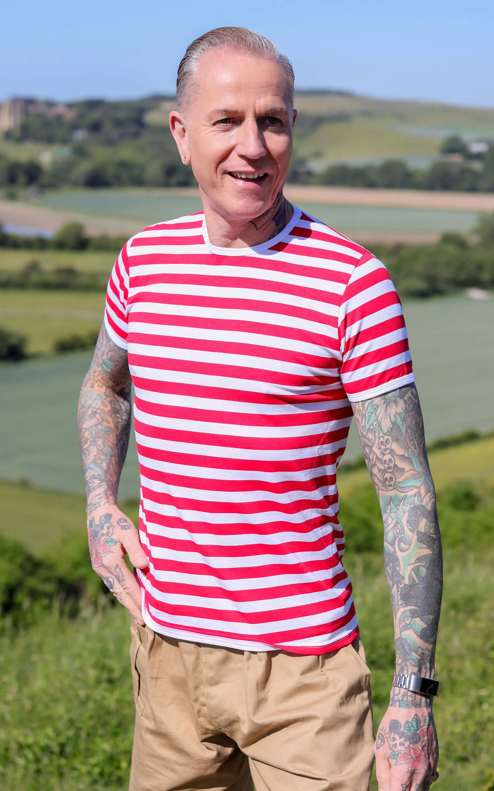 White & Red Stripe Short Sleeve T Shirt