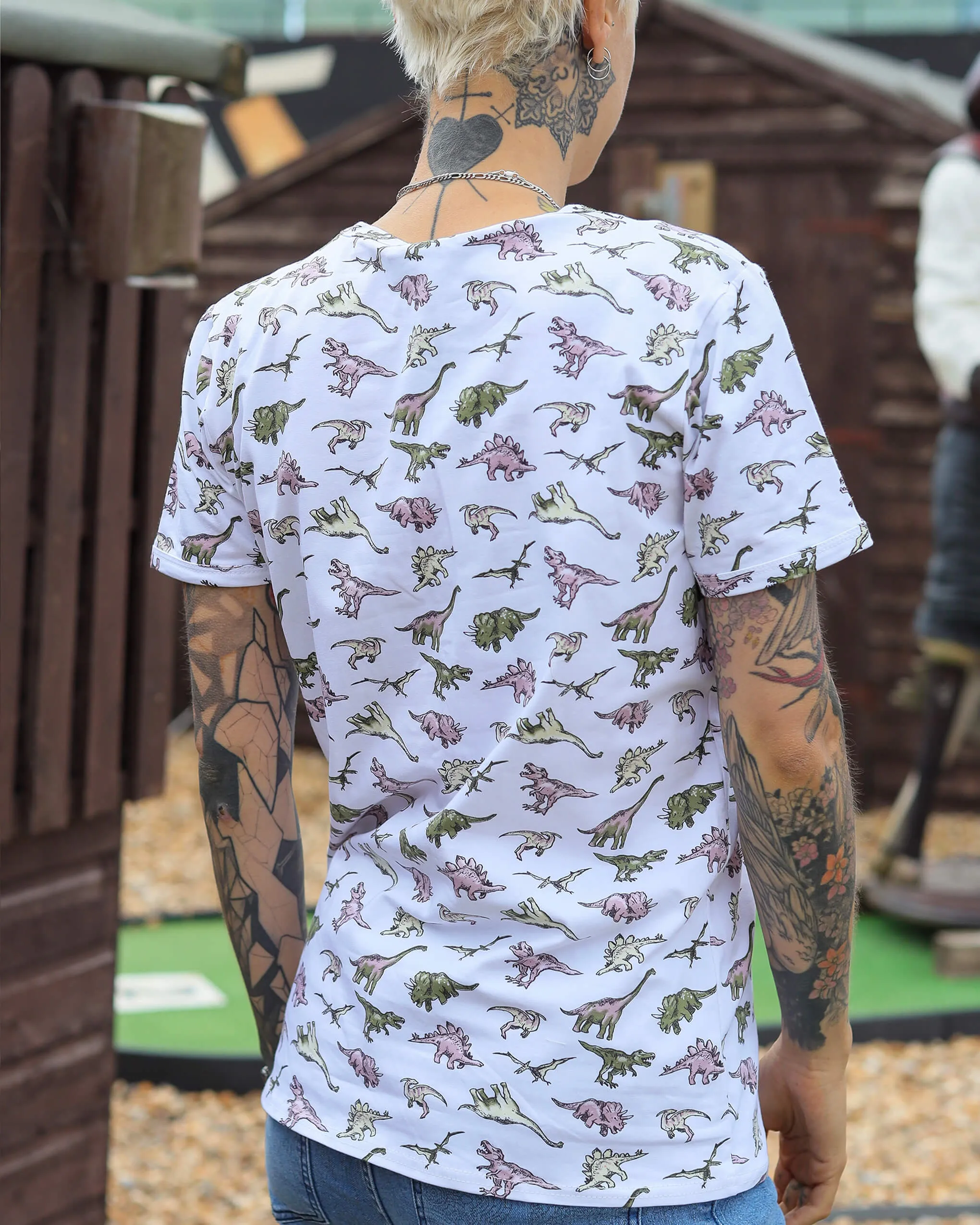 White Jurassic Dinosaur Ringer Print T Shirt