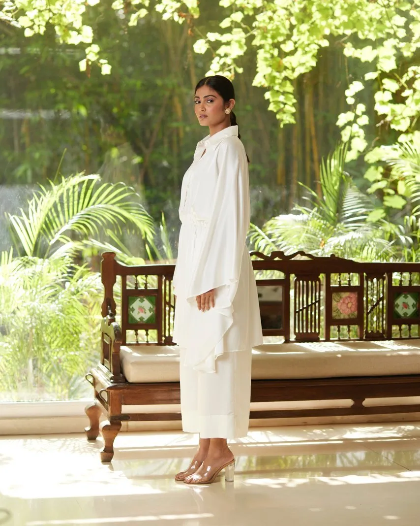 White Satin Silk Kaftan With Collar