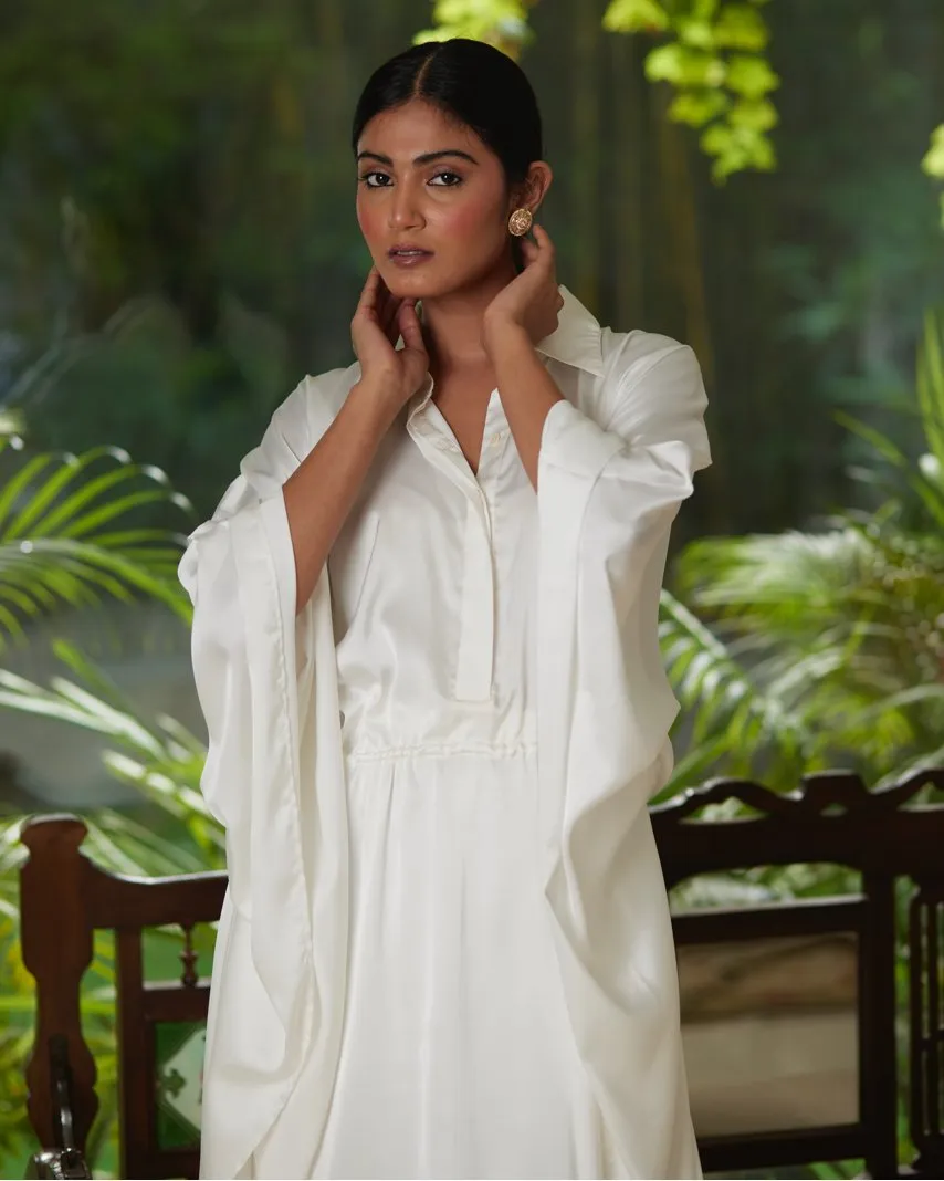 White Satin Silk Kaftan With Collar