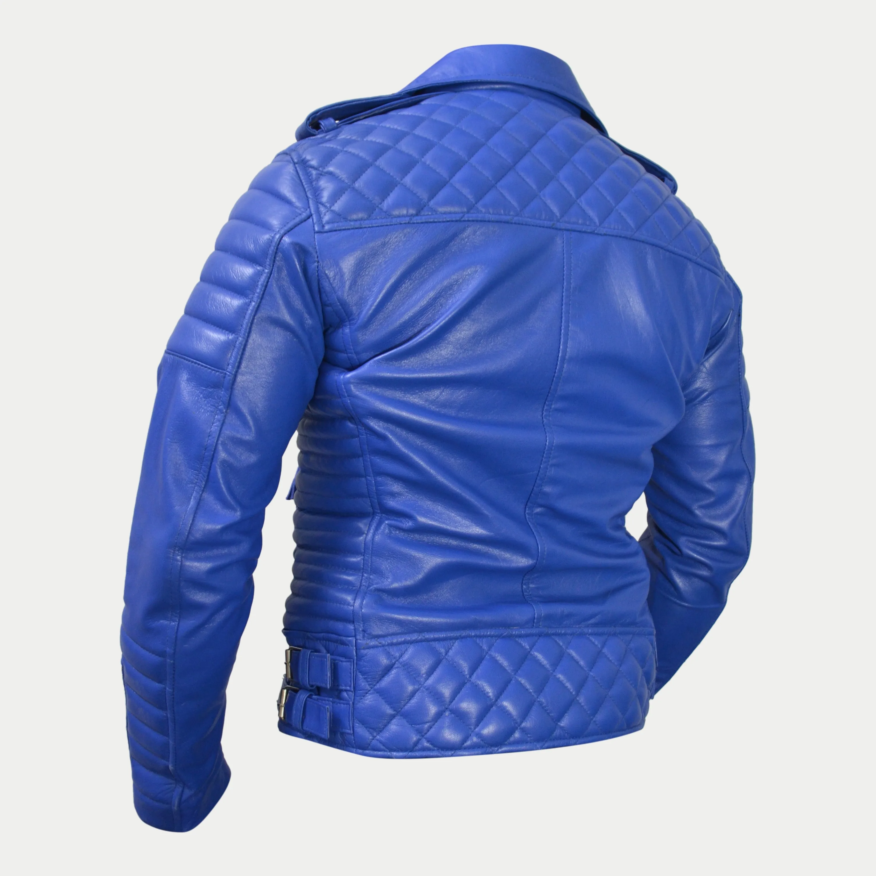 Women's Light-Blue Padded Motorcycle Genuine Leather Biker Jacket