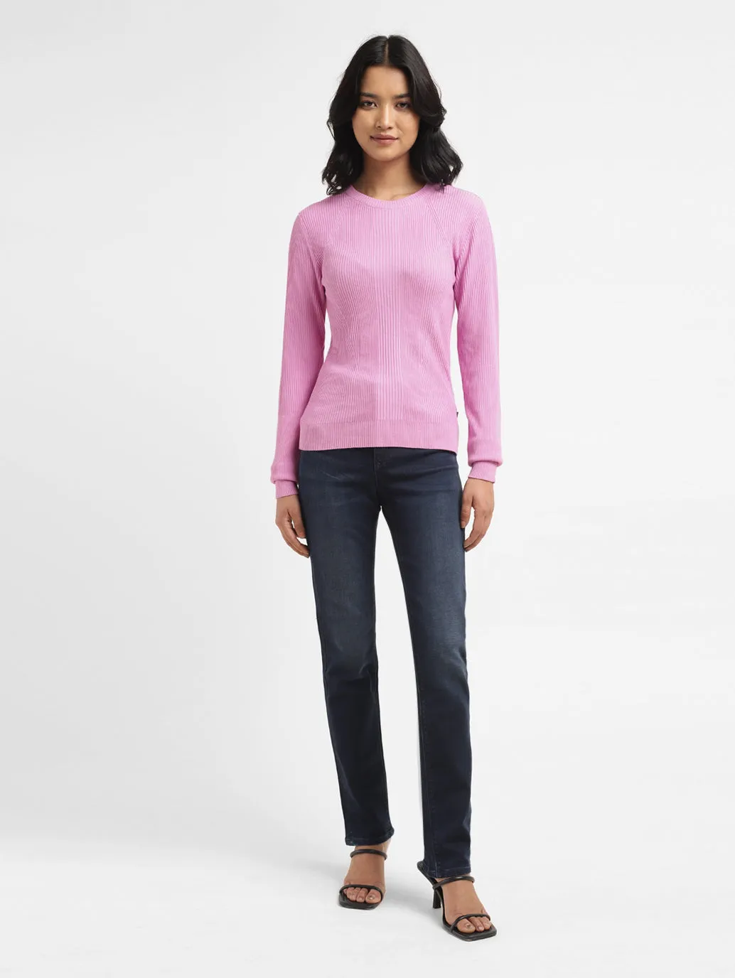 Women's Self Design Pink Crew Neck Sweater