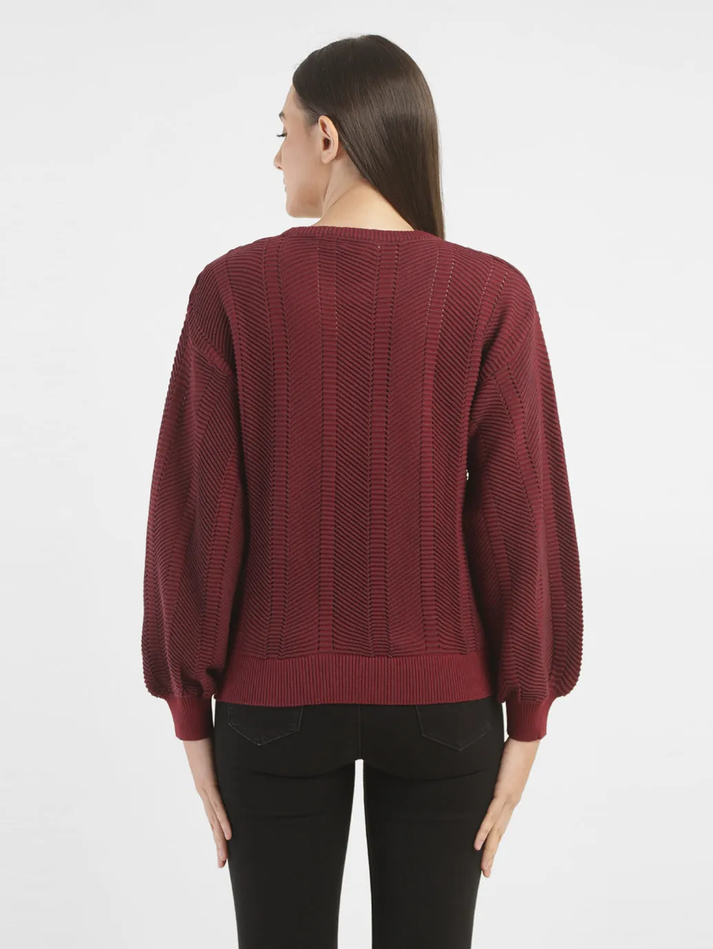 Women's Textured Maroon Crew Neck Sweater