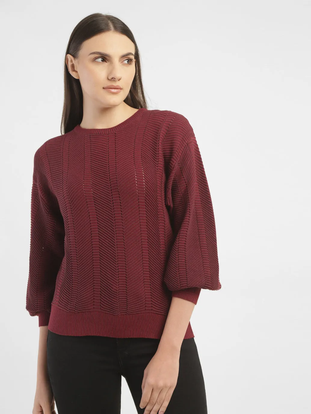 Women's Textured Maroon Crew Neck Sweater