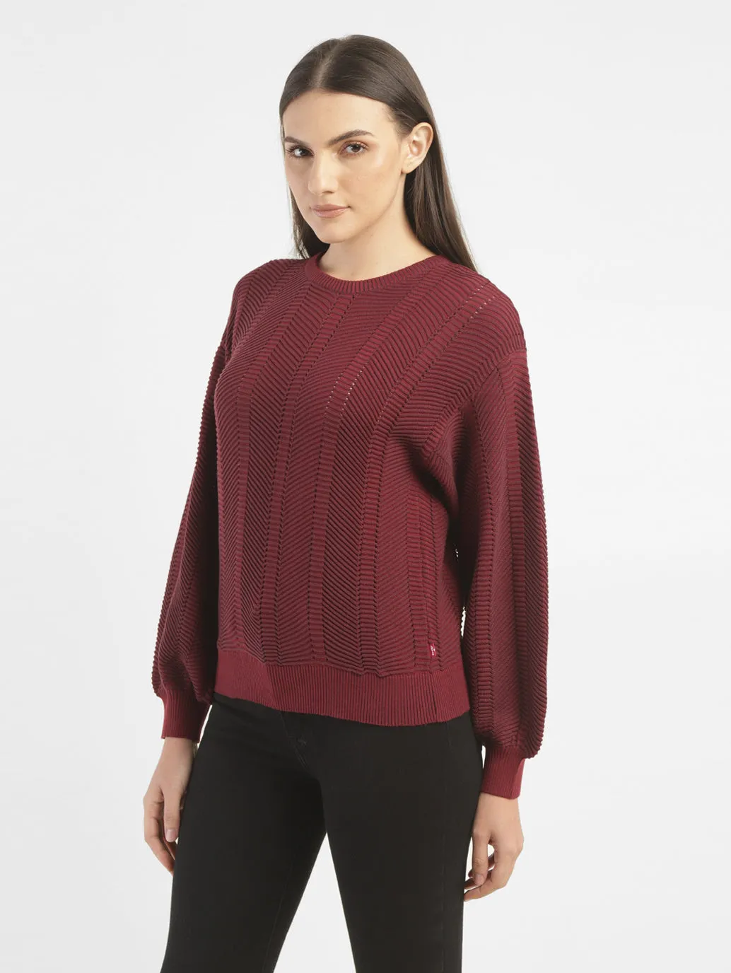 Women's Textured Maroon Crew Neck Sweater