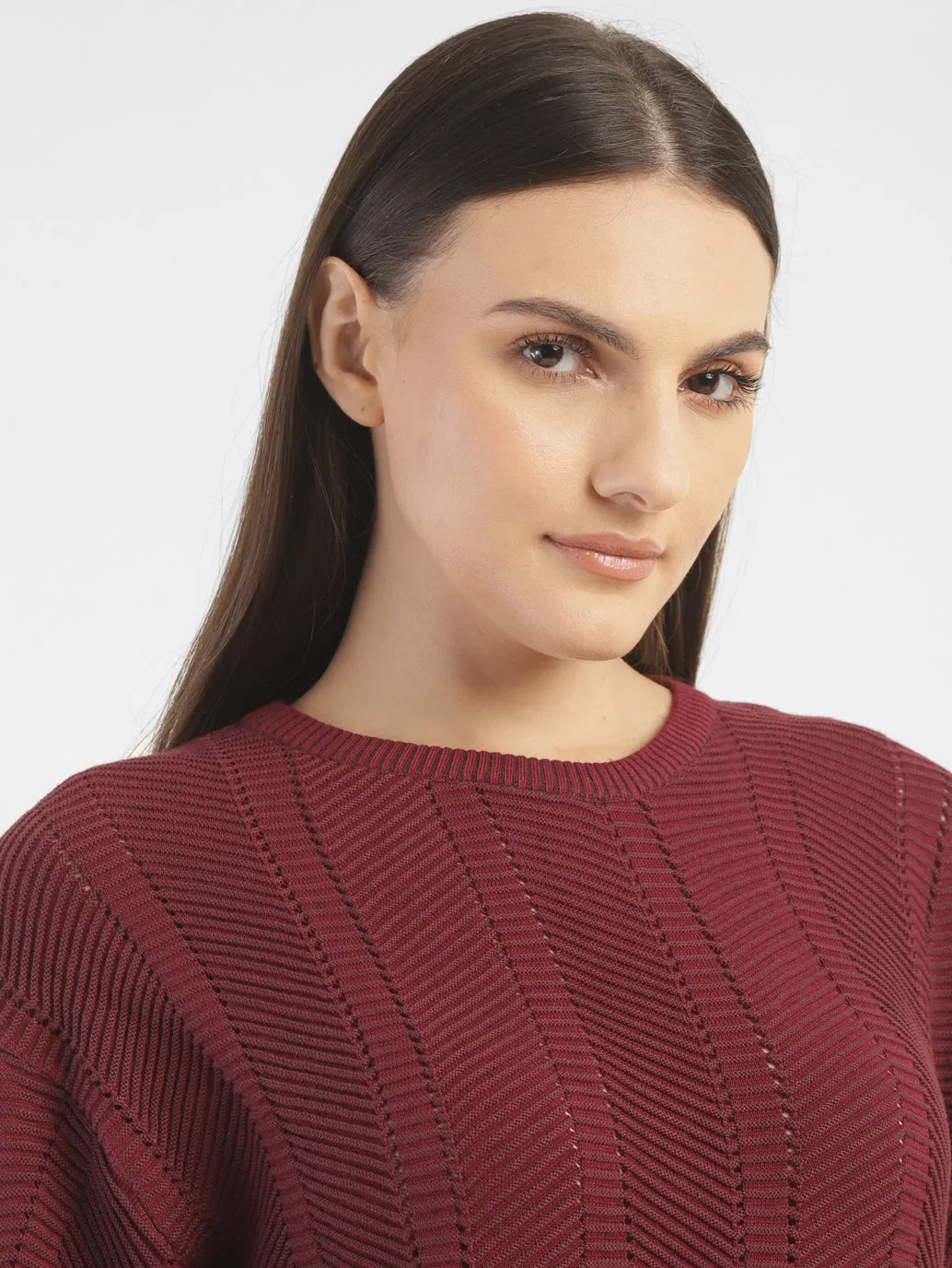 Women's Textured Maroon Crew Neck Sweater