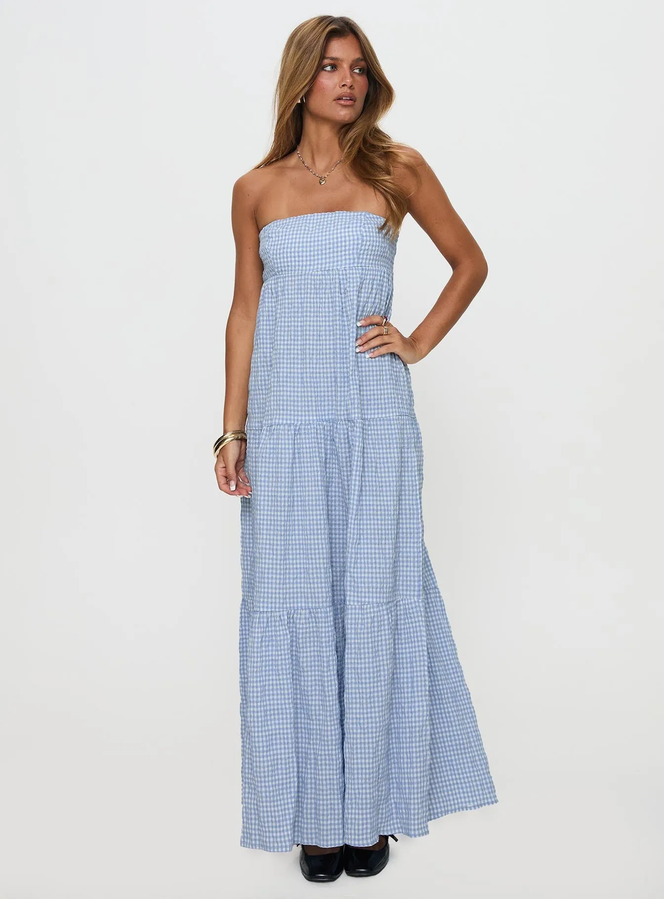 Wynnie Strapless Maxi Dress Blue Check