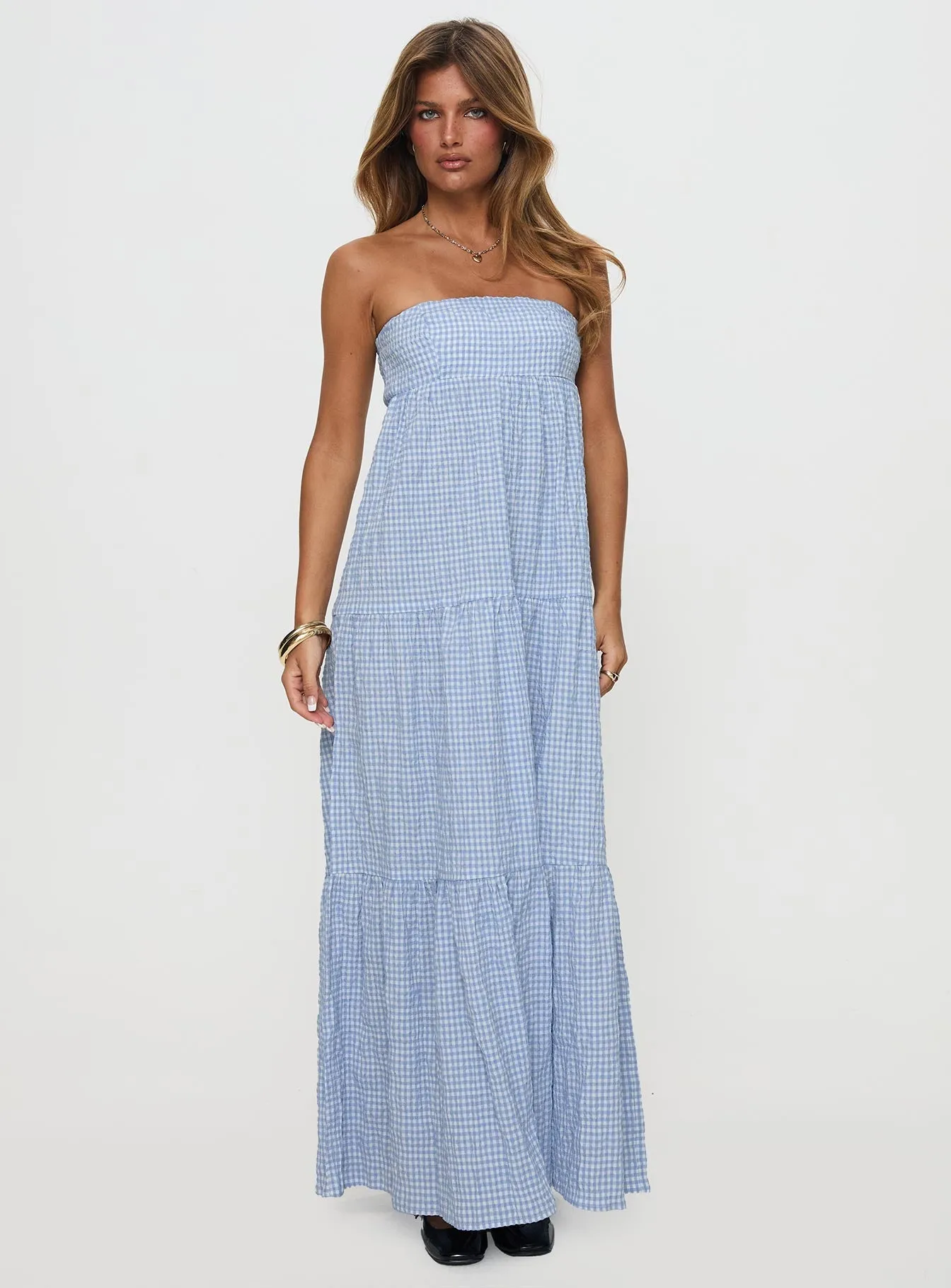 Wynnie Strapless Maxi Dress Blue Check