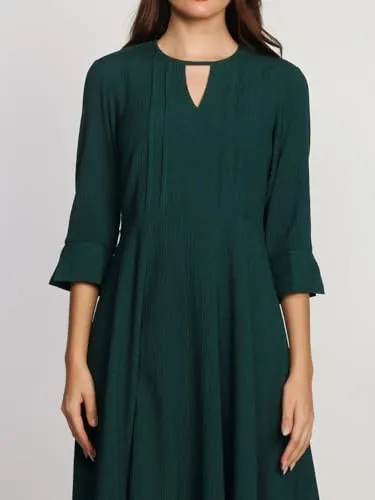 Zink London Women's Dark Green Solid A-Line Midi Dress